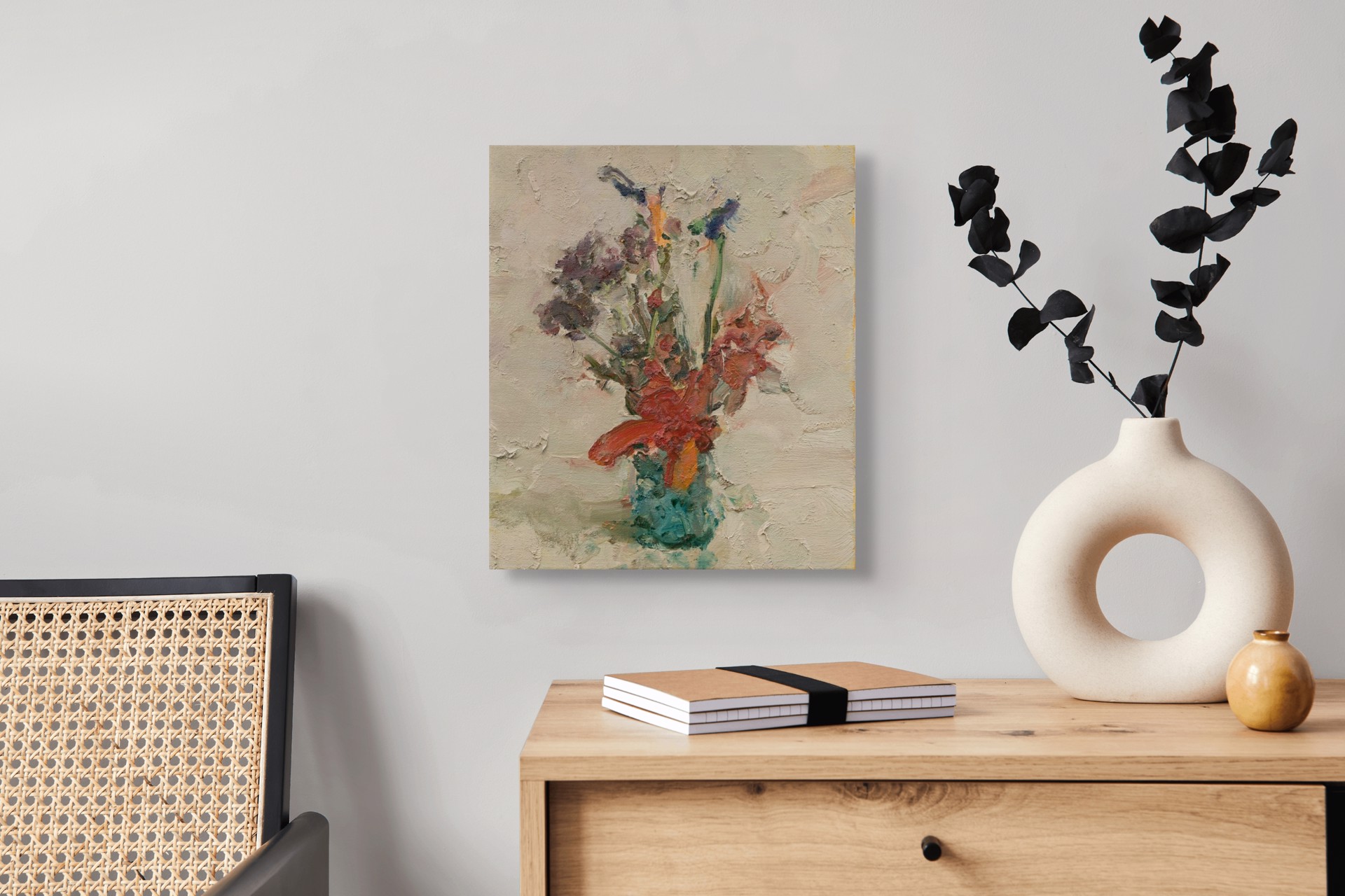A thickly painted still life of a colorful bouquet in a green vase against a textured background.