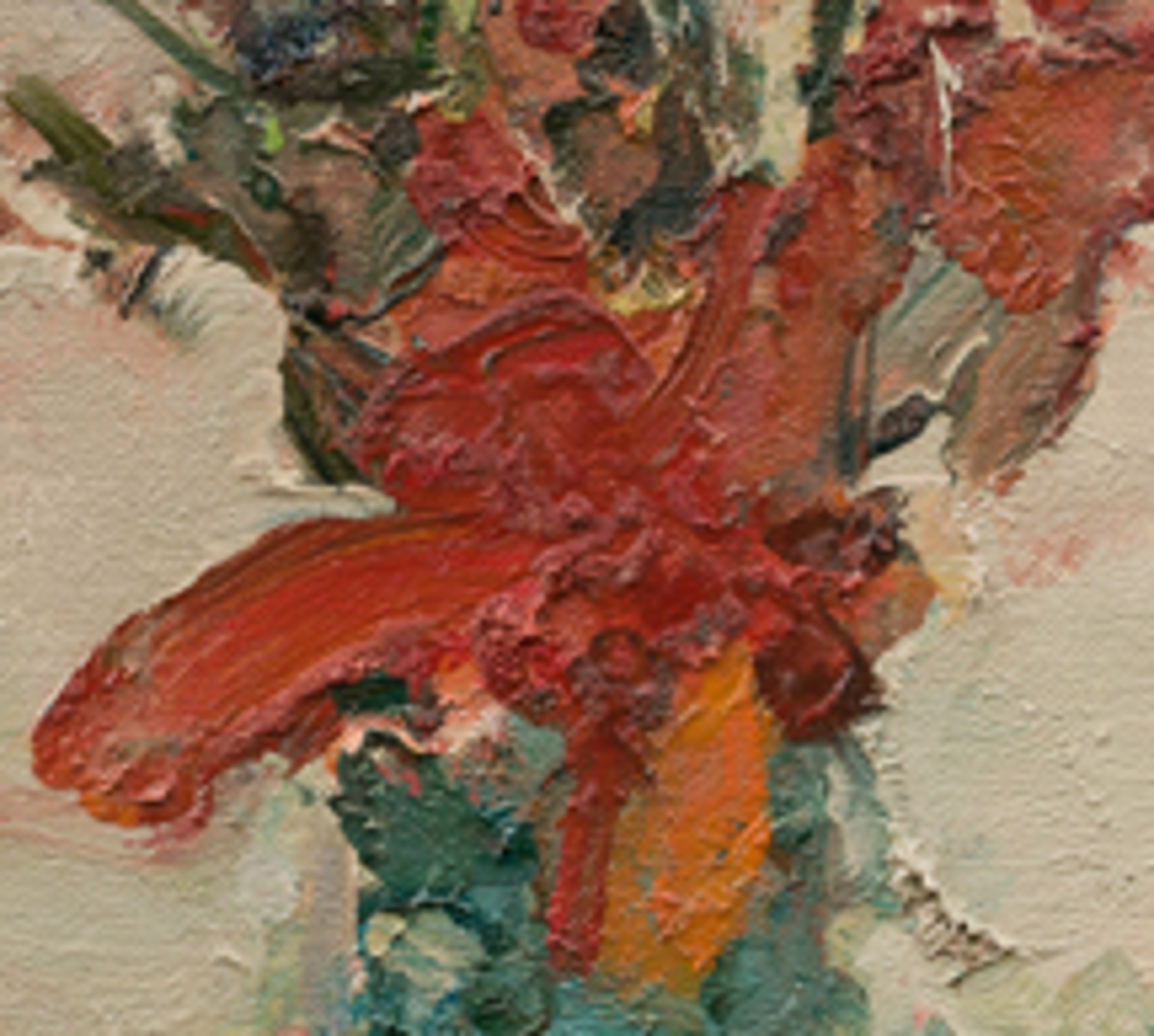 A thickly painted still life of a colorful bouquet in a green vase against a textured background.