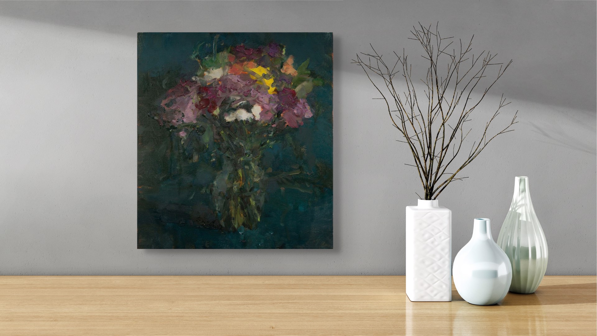 A vibrant bouquet of flowers in a vase against a dark teal background.
