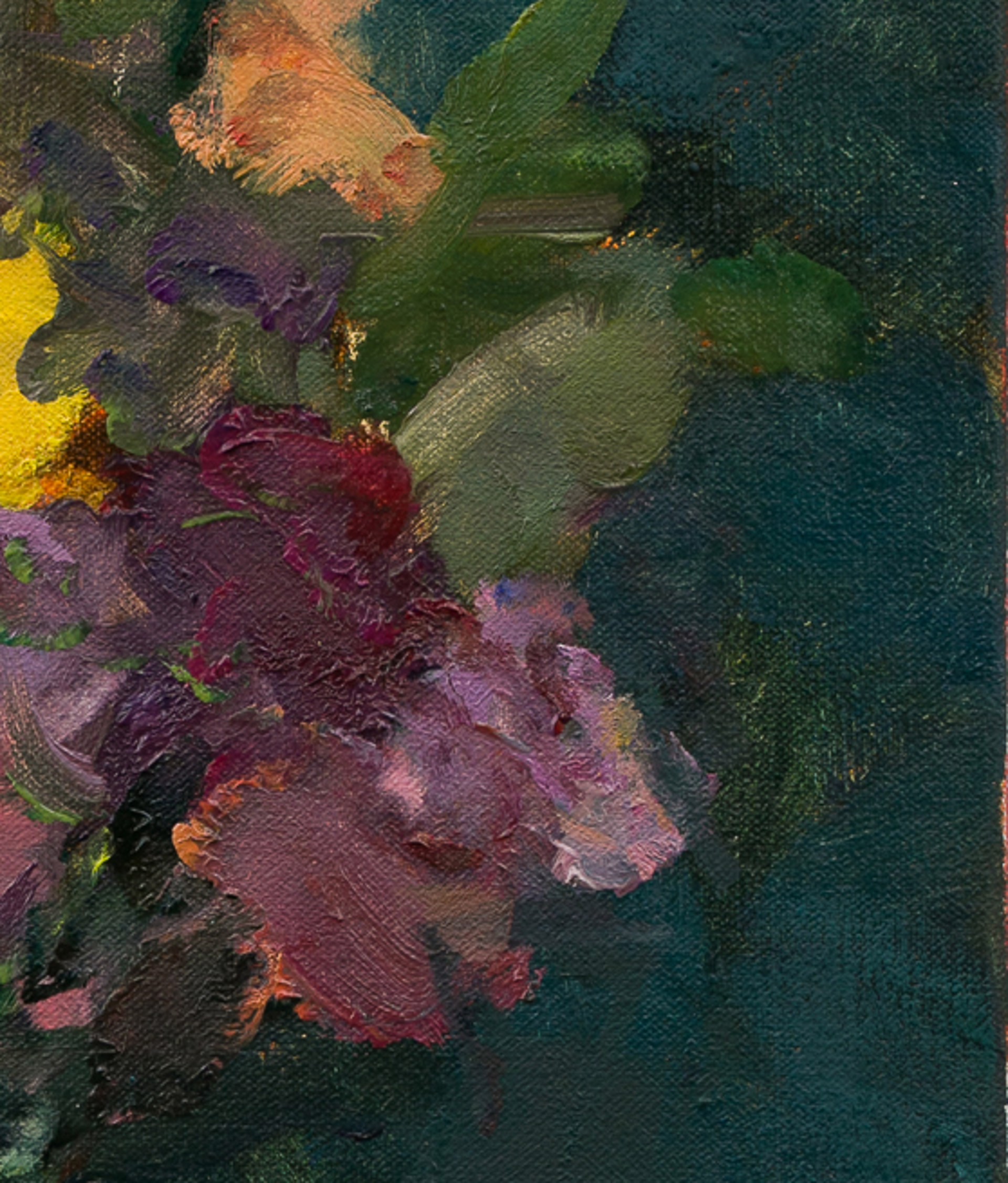 A vibrant bouquet of flowers in a vase against a dark teal background.