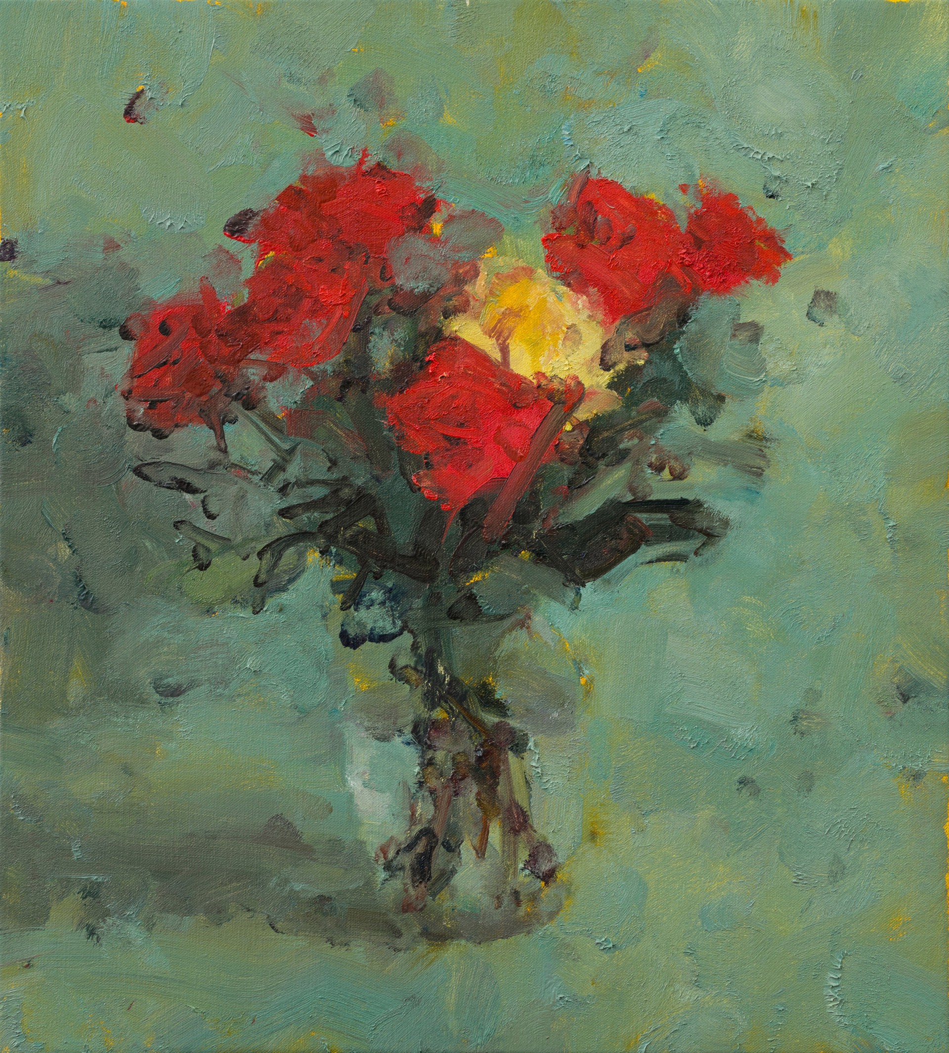 A vibrant floral still life featuring bold red blooms against a textured teal background.