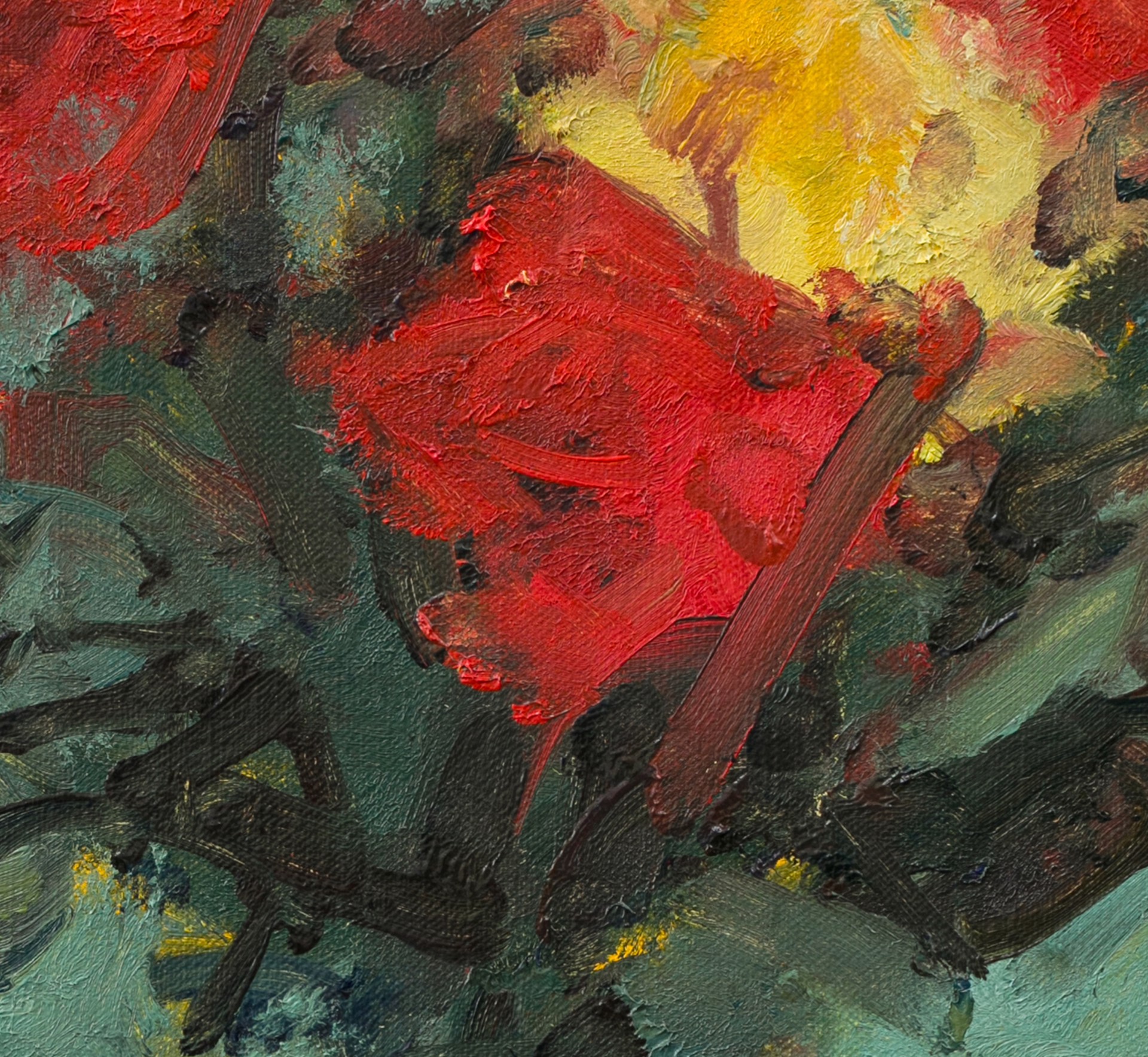 A vibrant floral still life featuring bold red blooms against a textured teal background.