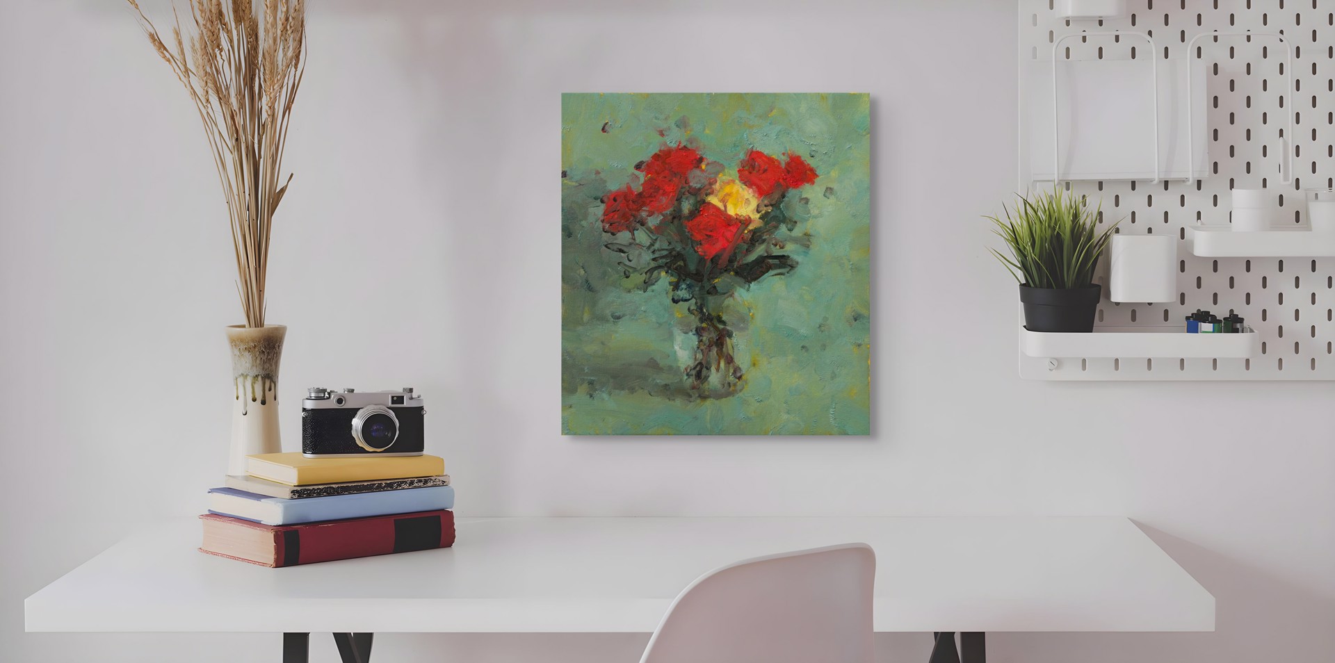 A vibrant floral still life featuring bold red blooms against a textured teal background.