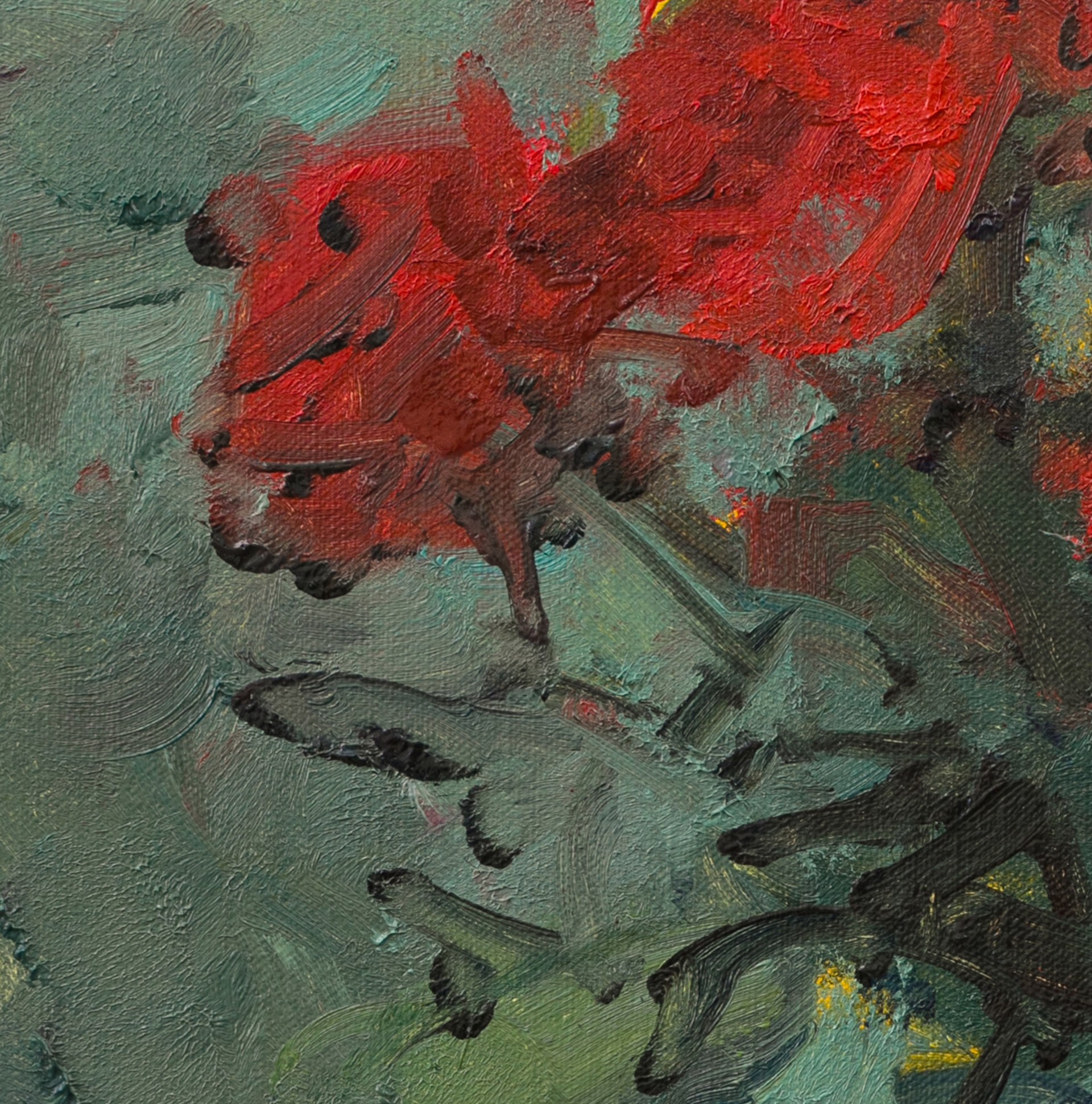 A vibrant floral still life featuring bold red blooms against a textured teal background.
