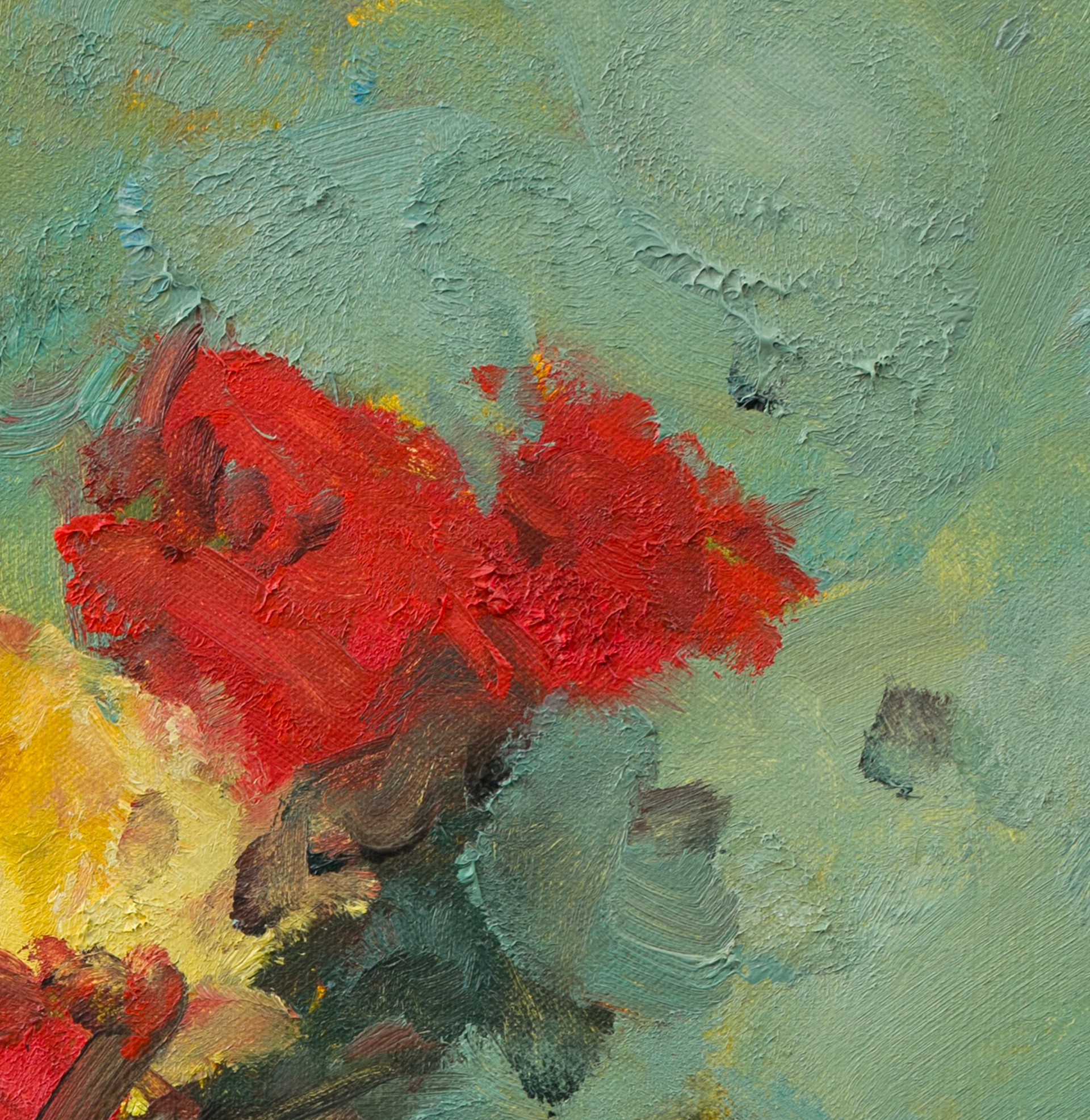 A vibrant floral still life featuring bold red blooms against a textured teal background.