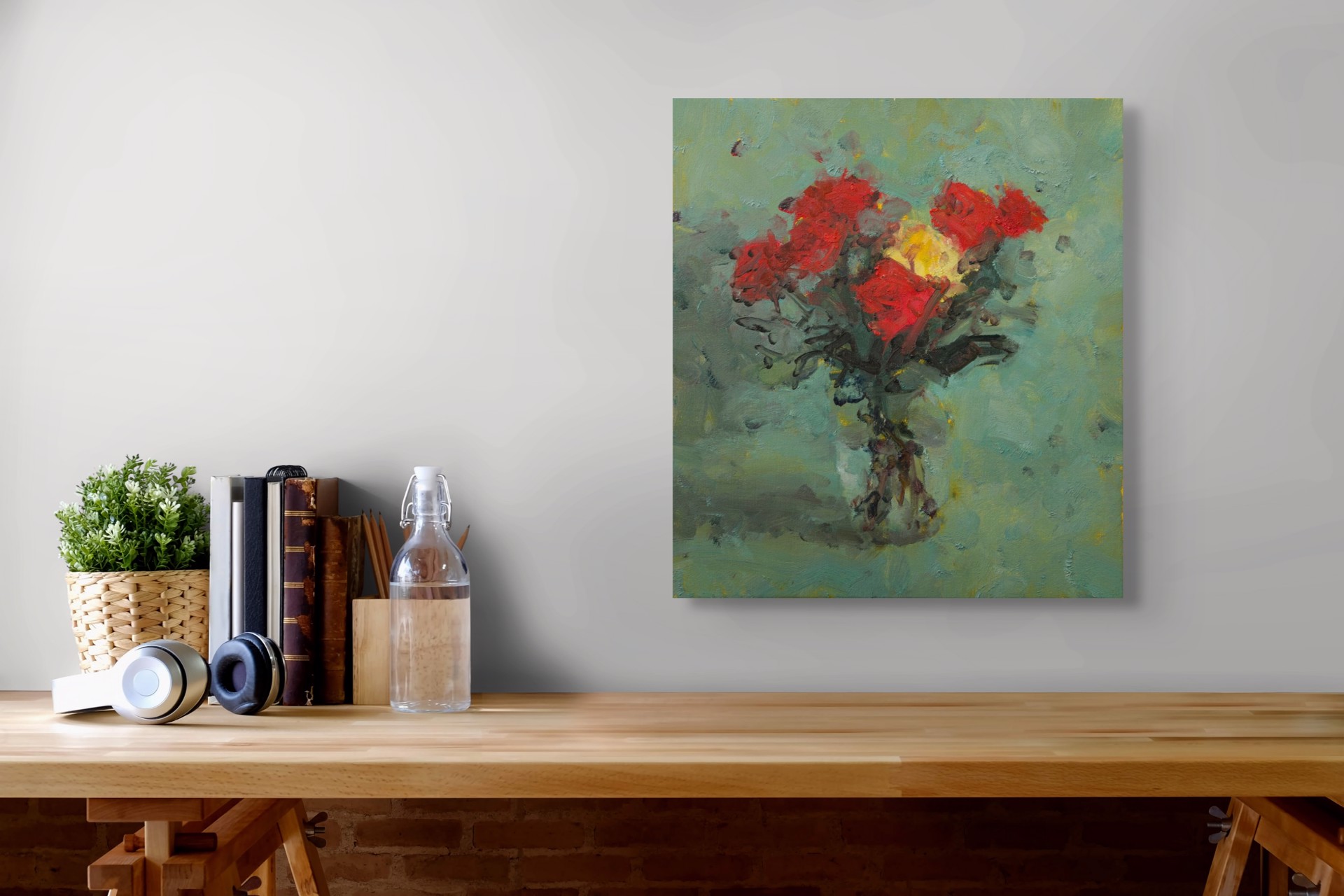 A vibrant floral still life featuring bold red blooms against a textured teal background.