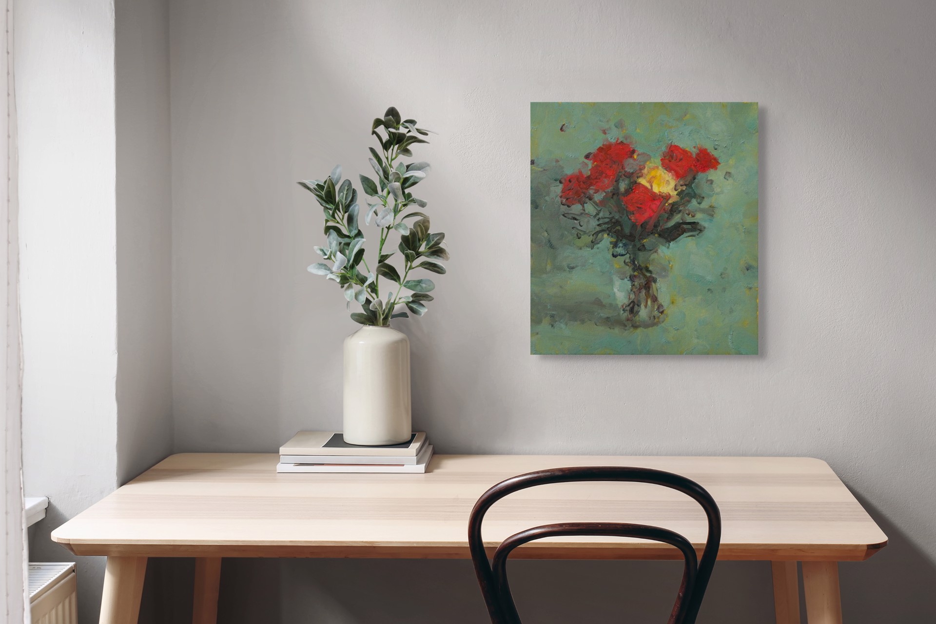 A vibrant floral still life featuring bold red blooms against a textured teal background.
