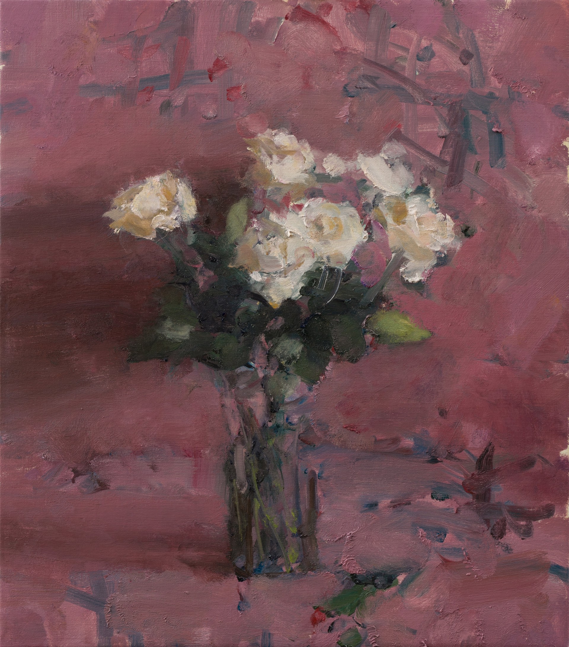 A painting of white roses in a vase on a pink background.