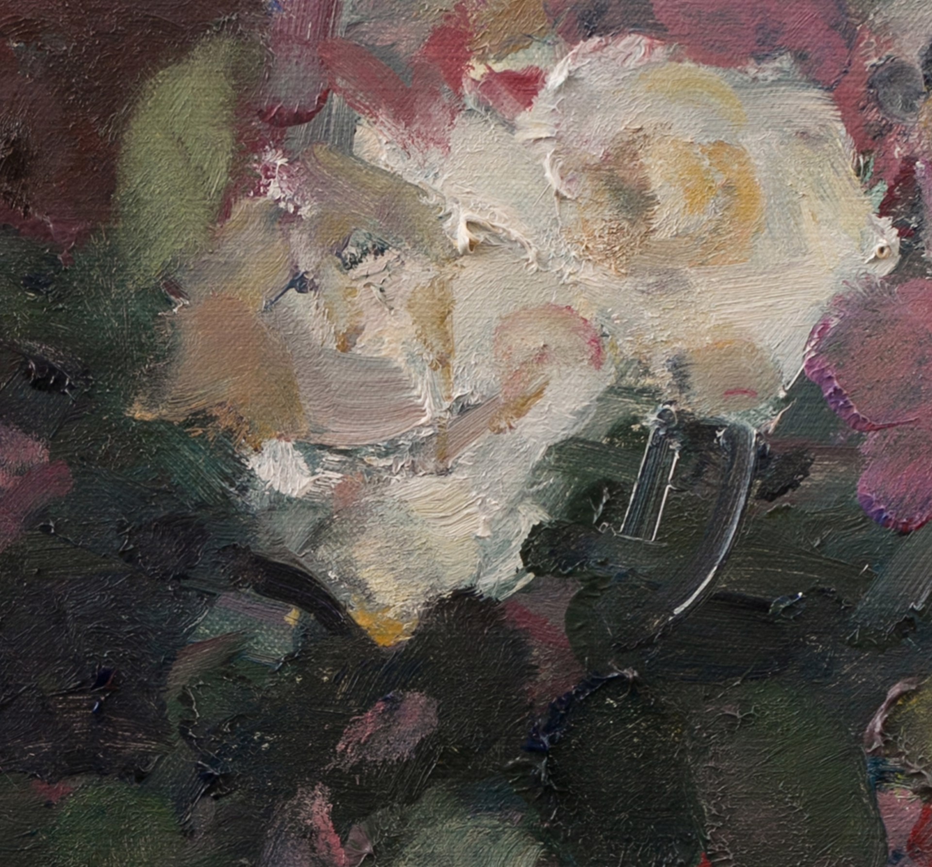 A painting of white roses in a vase on a pink background.