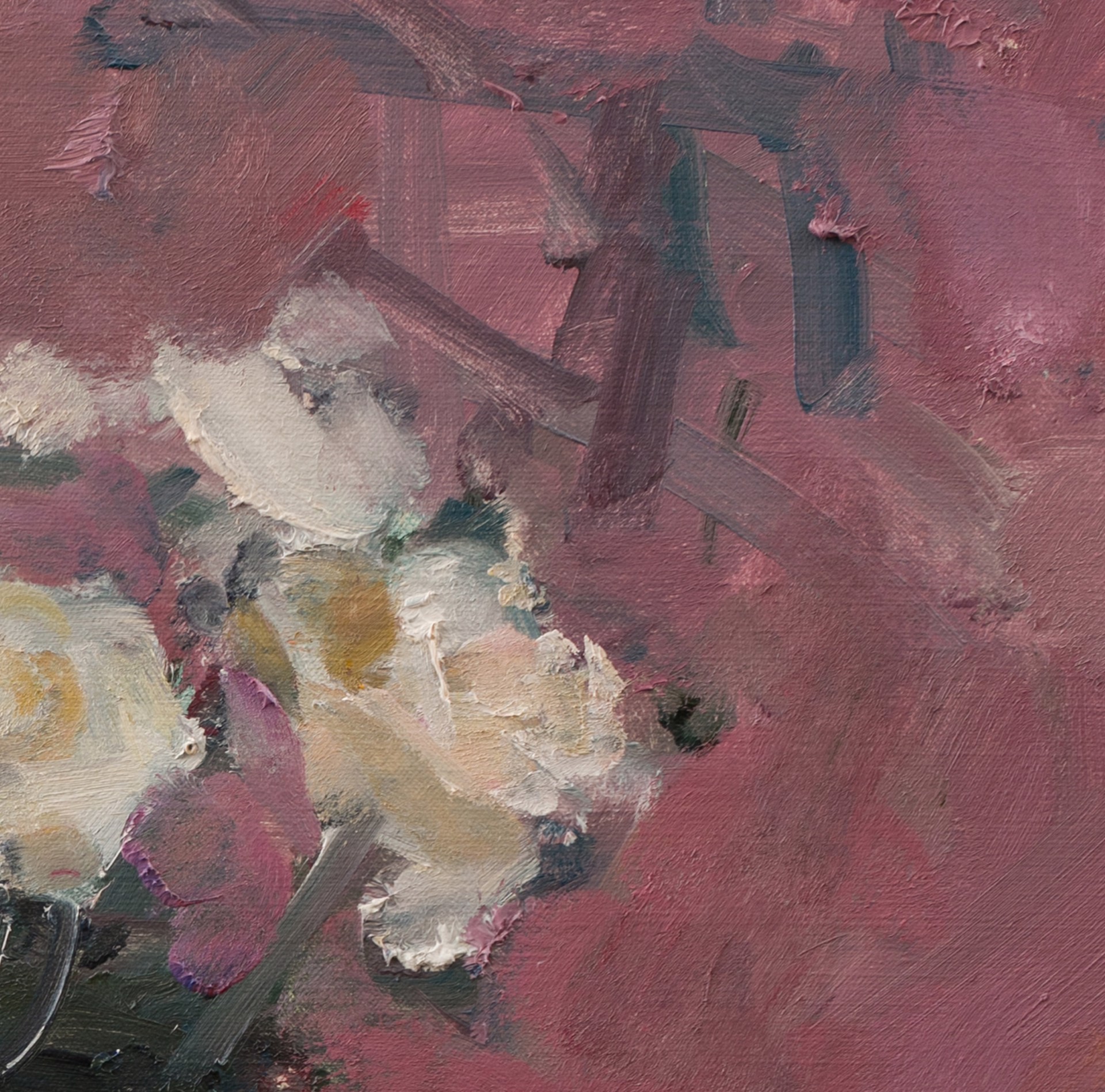 A painting of white roses in a vase on a pink background.