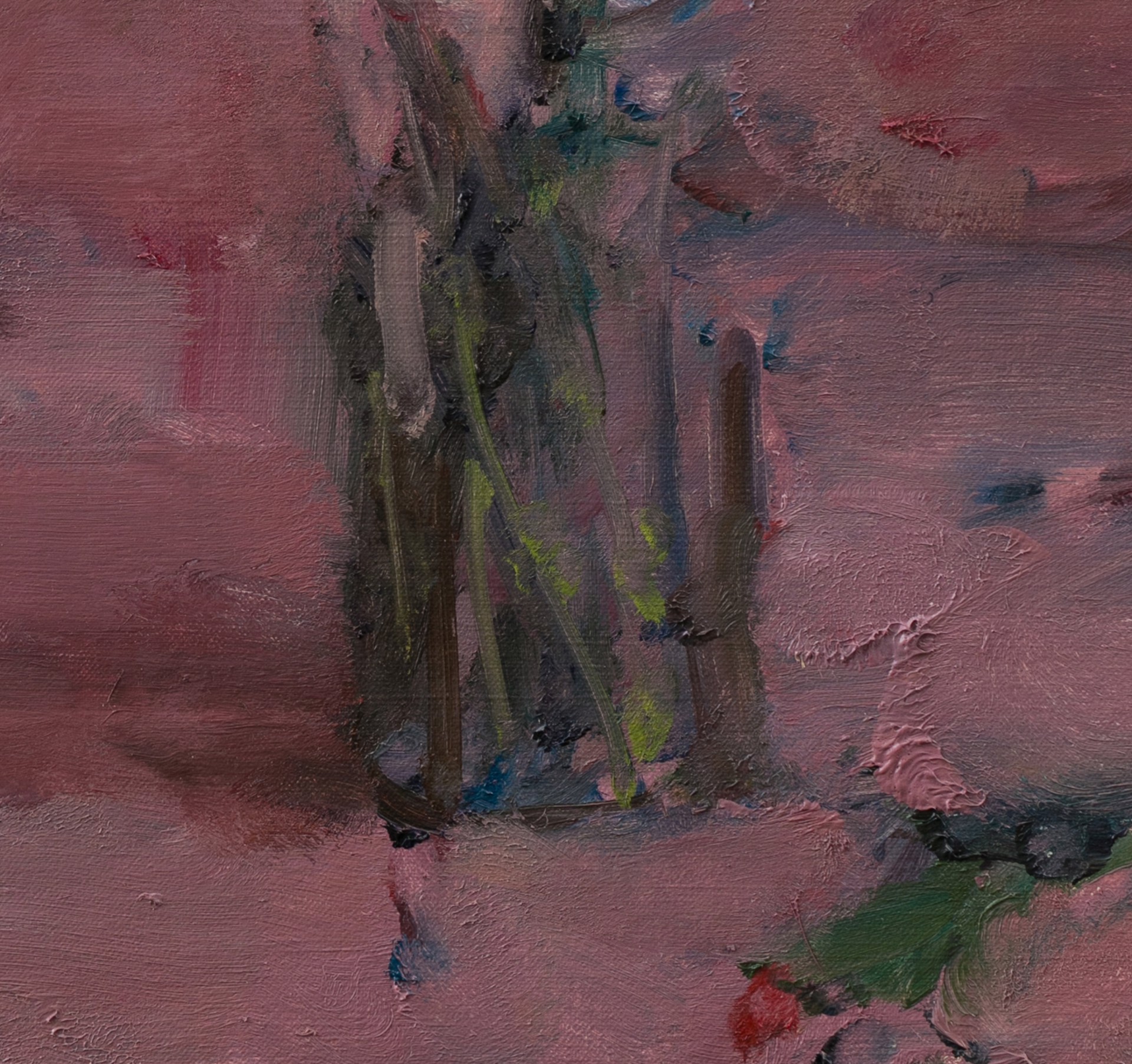 A painting of white roses in a vase on a pink background.