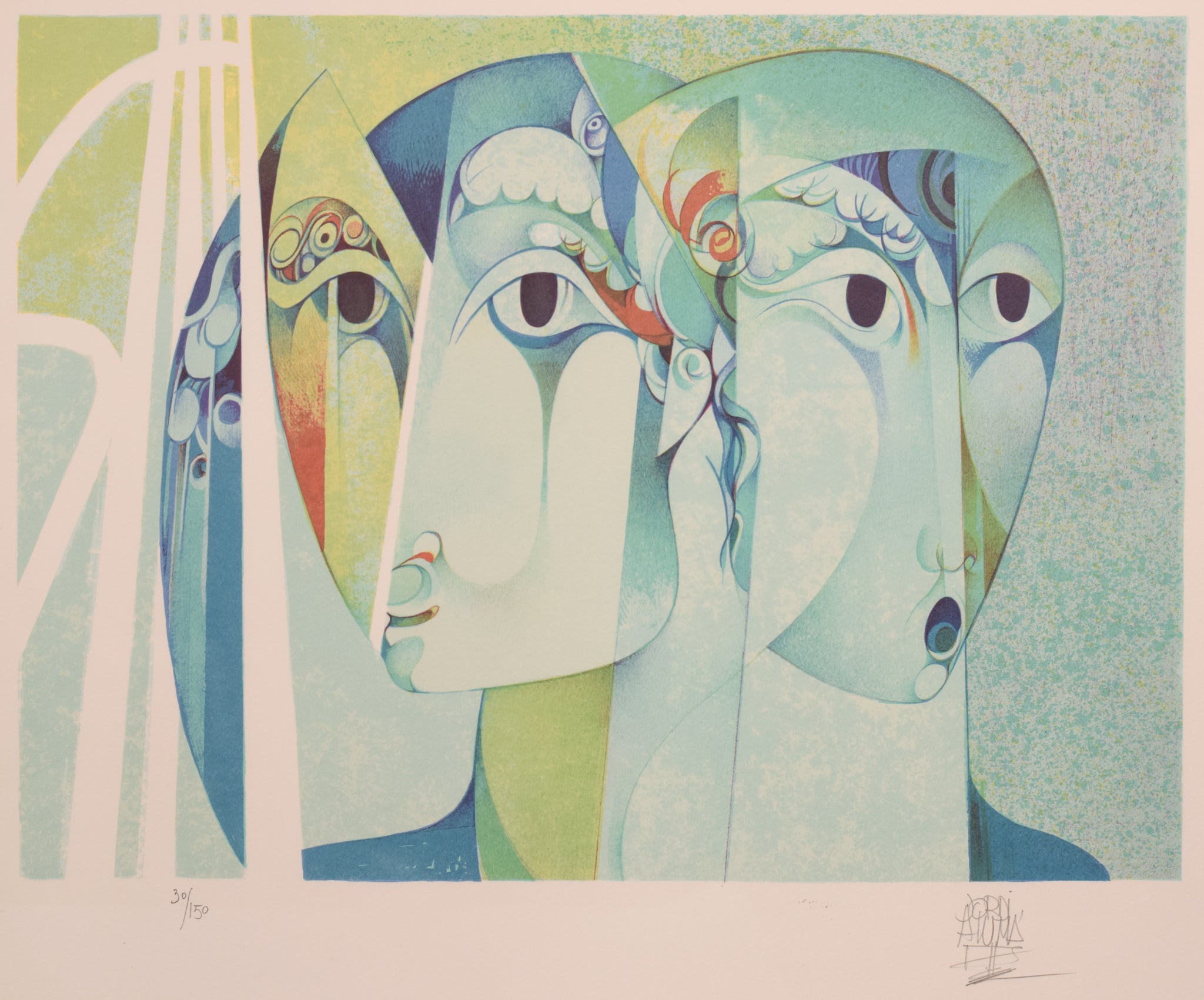 A painting of three faces of a man and a woman.