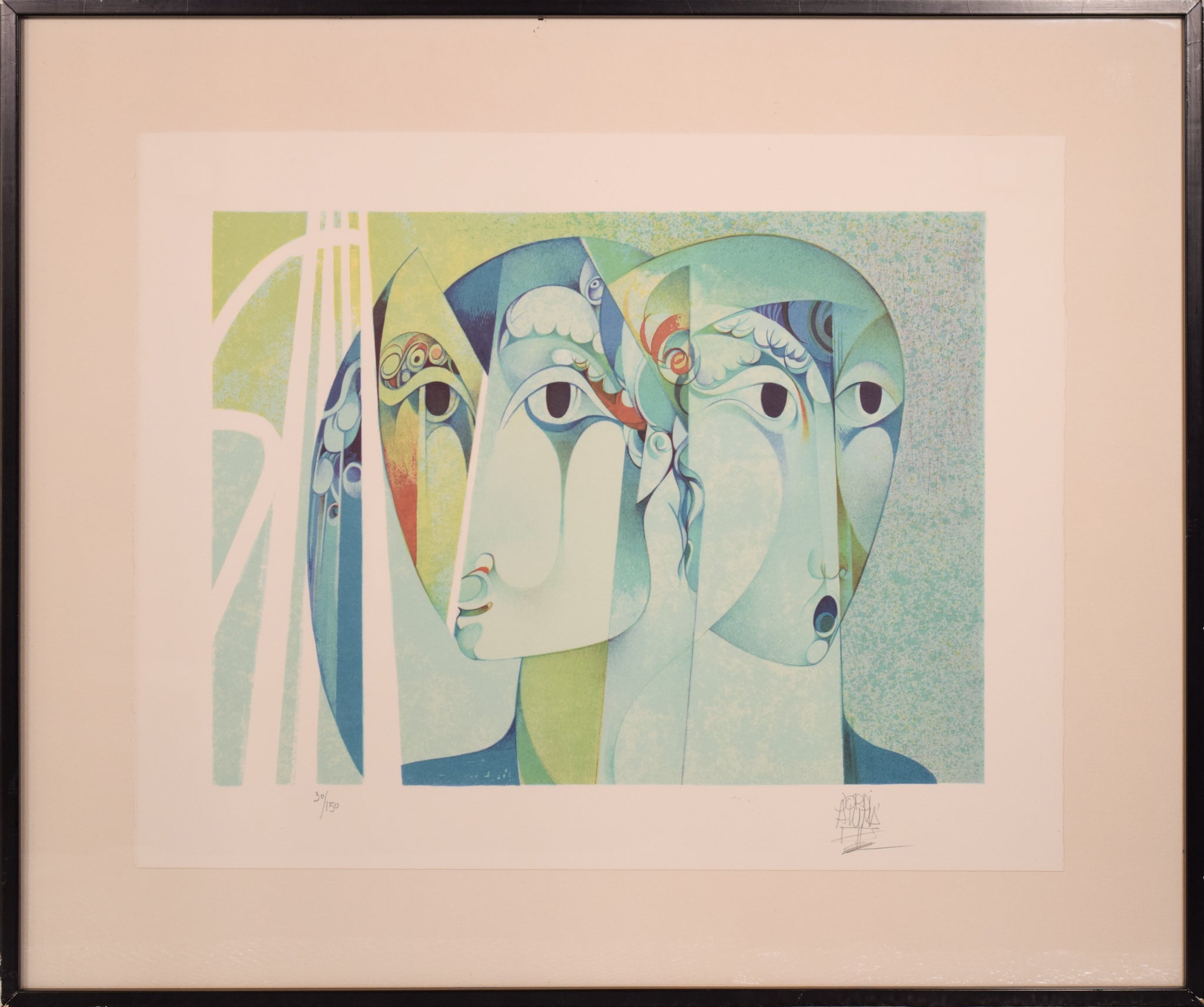 A painting of three faces of a man and a woman.