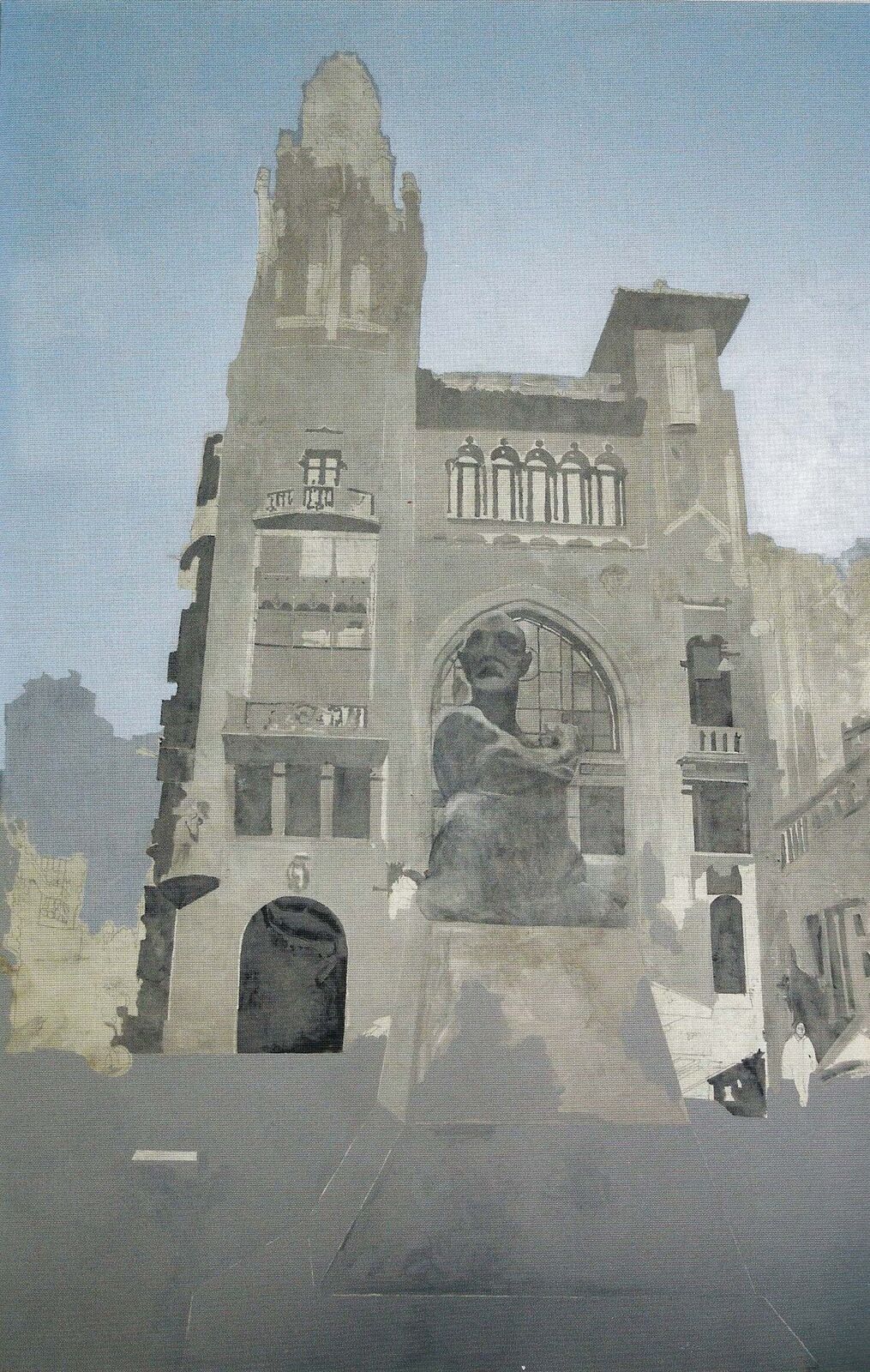 A painting of a statue in front of a building.