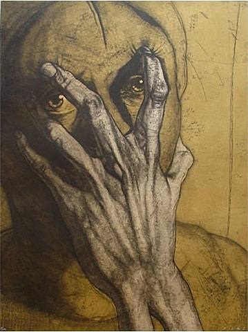 a drawing of a man with his hands on his face