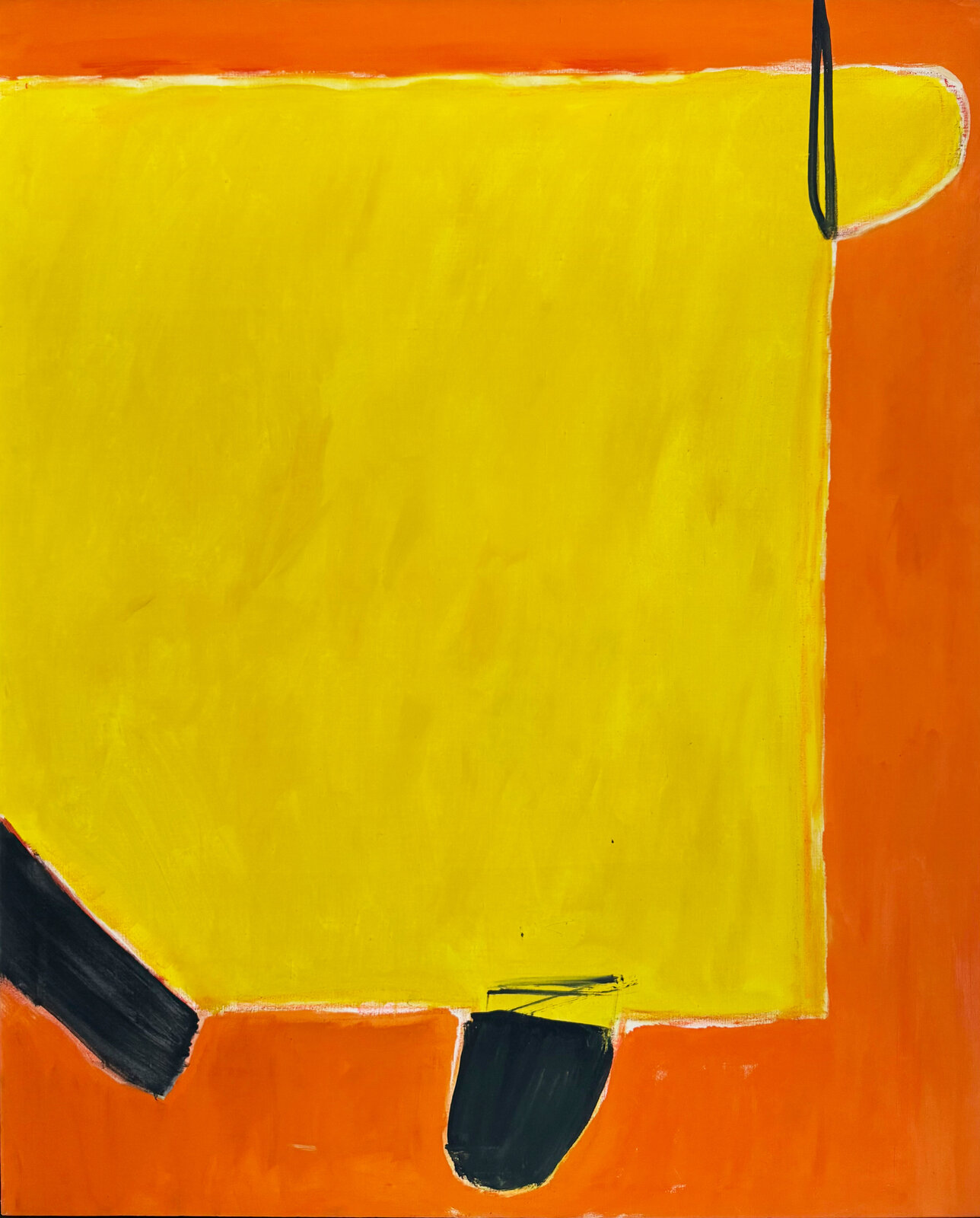 A bold abstract painting featuring a large yellow rectangle against an orange background with black accents.