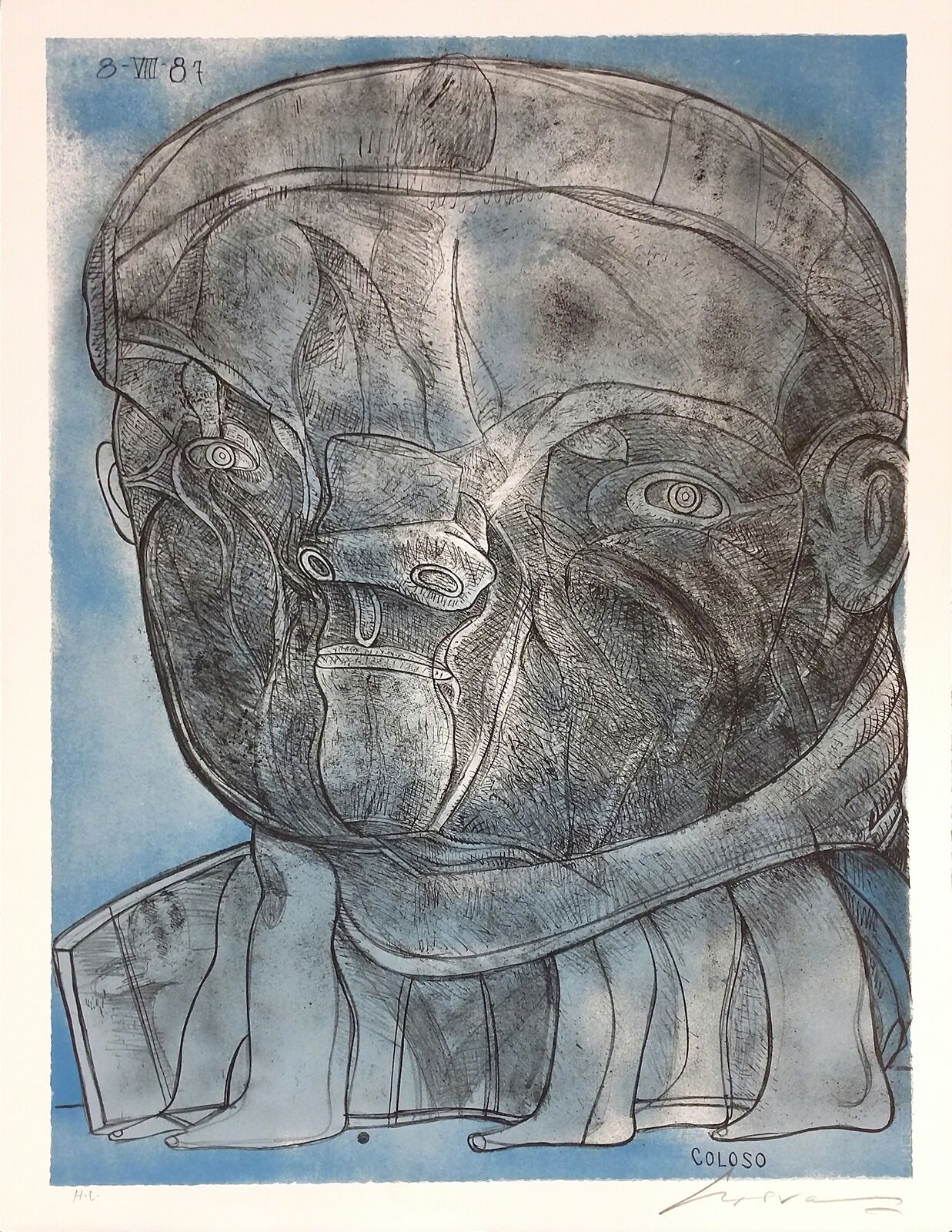 A drawing of a man's face on a blue background.