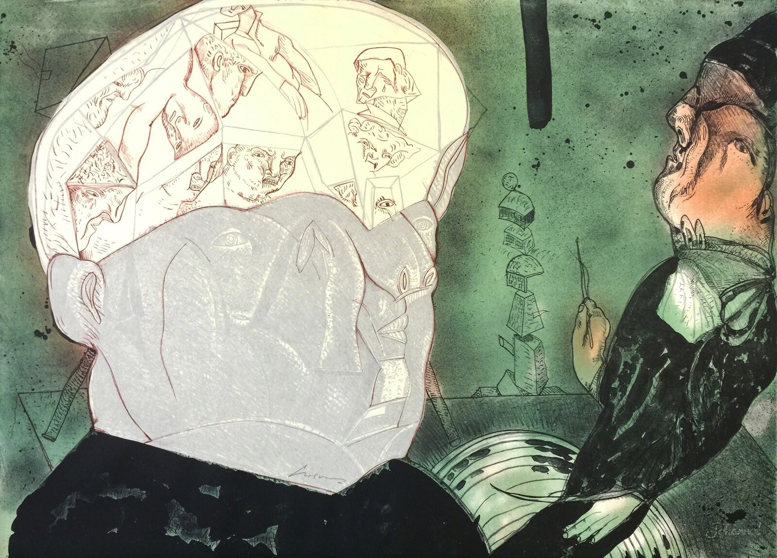 A drawing of a man sitting in front of a mirror.