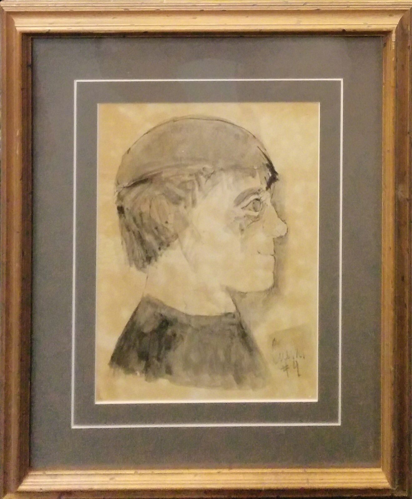 A drawing of a woman with a hat on her head.