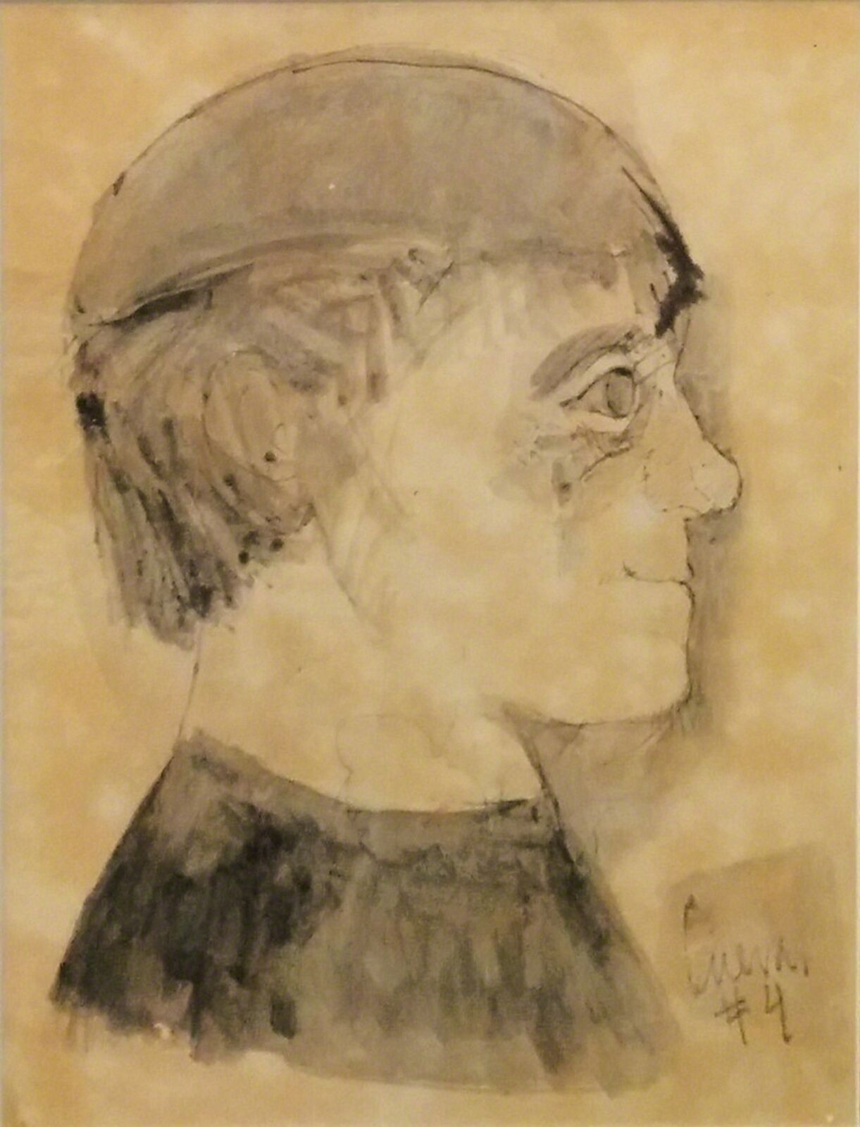 A drawing of a woman with a hat on her head.