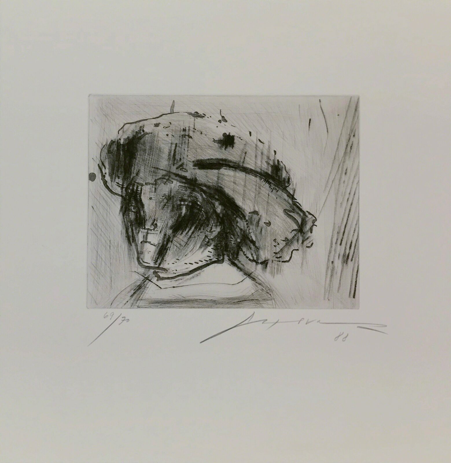 A black and white drawing of a woman's head.