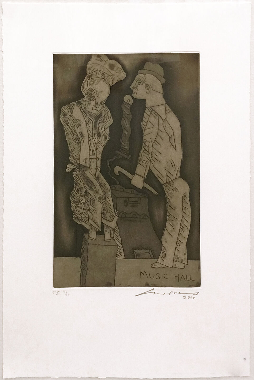 A black and white drawing of a man and a woman.