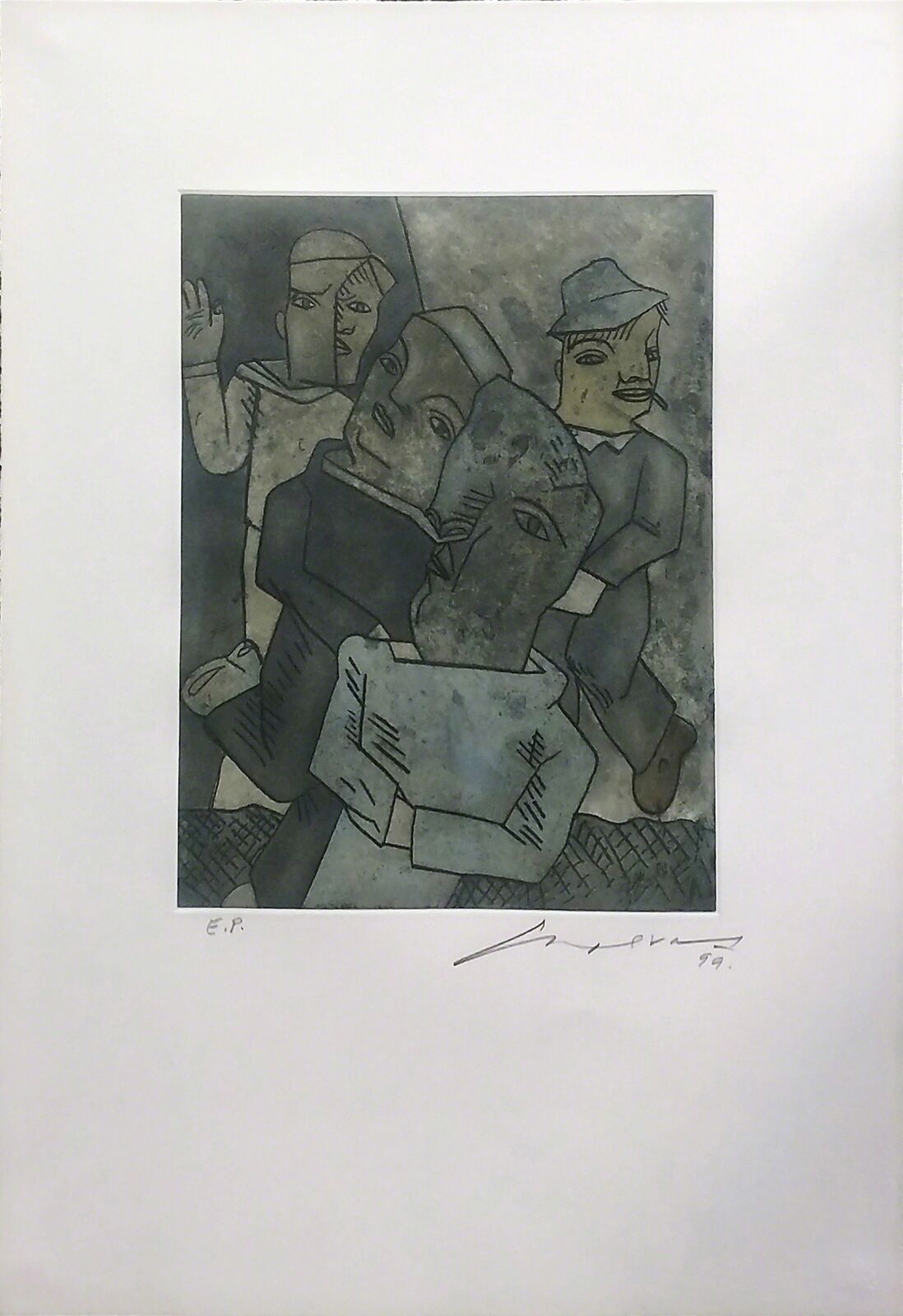 A black and white drawing of a group of people.