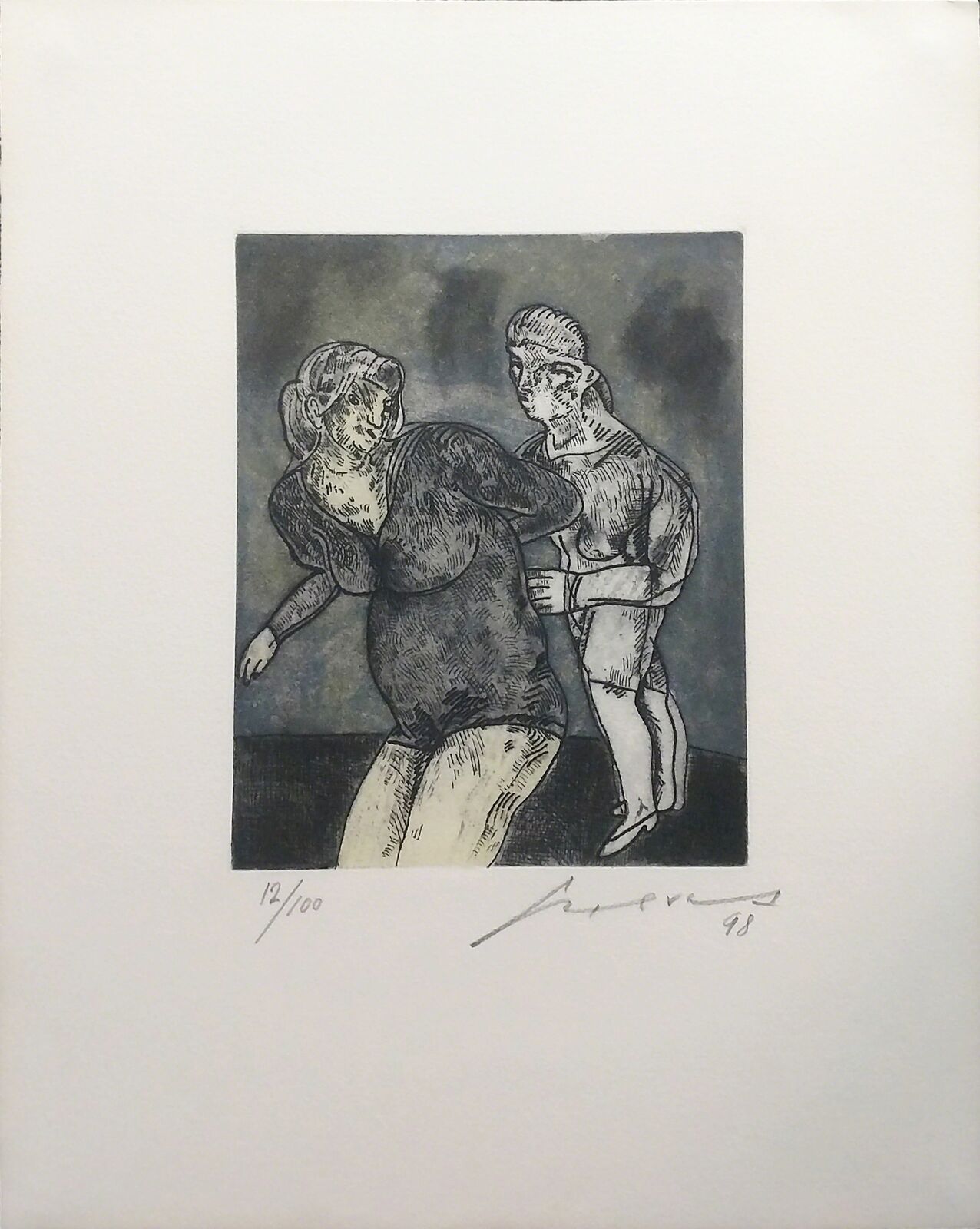 A black and white drawing of a man and a woman.