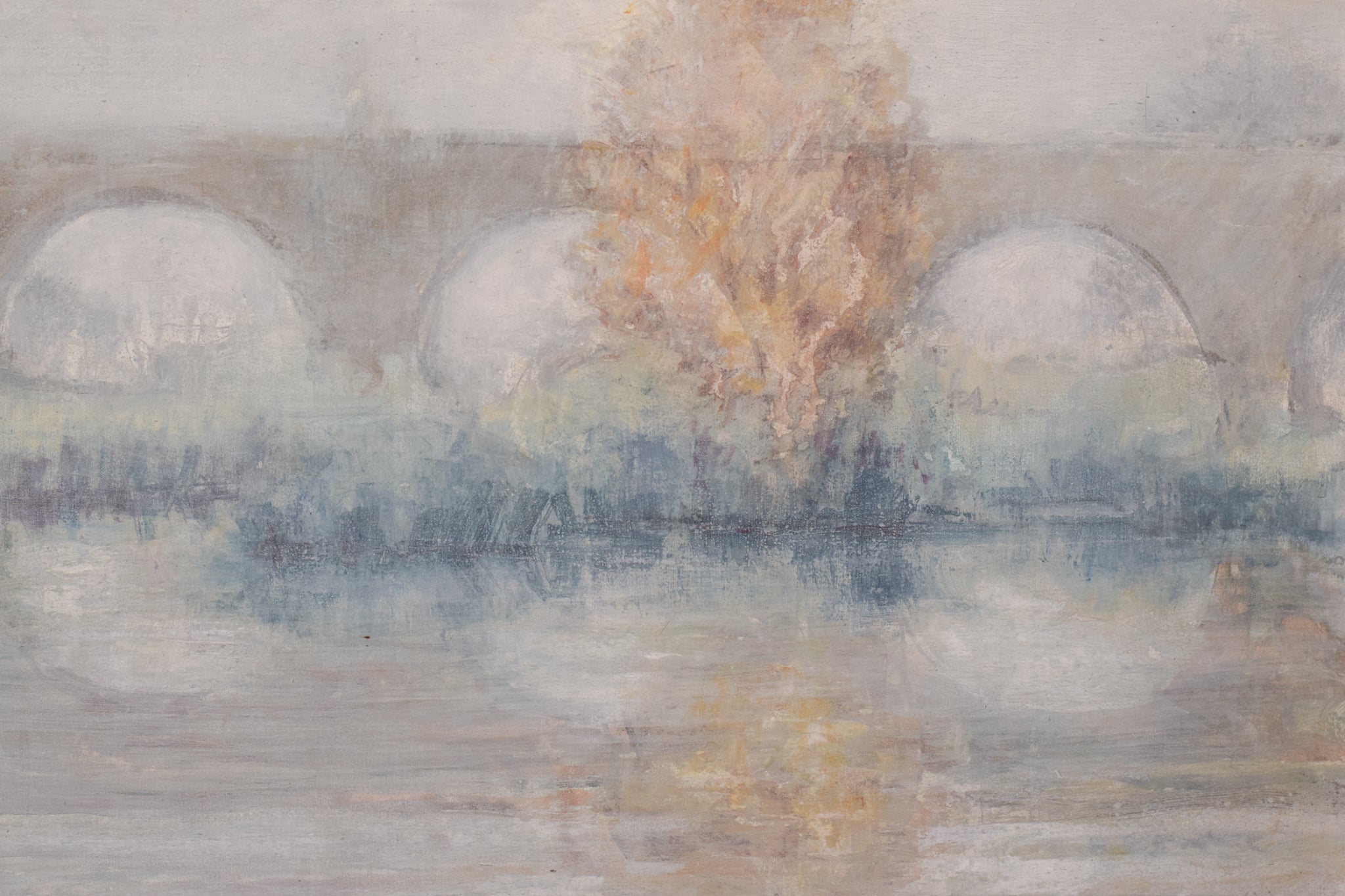 A painting of a bridge over a body of water.
