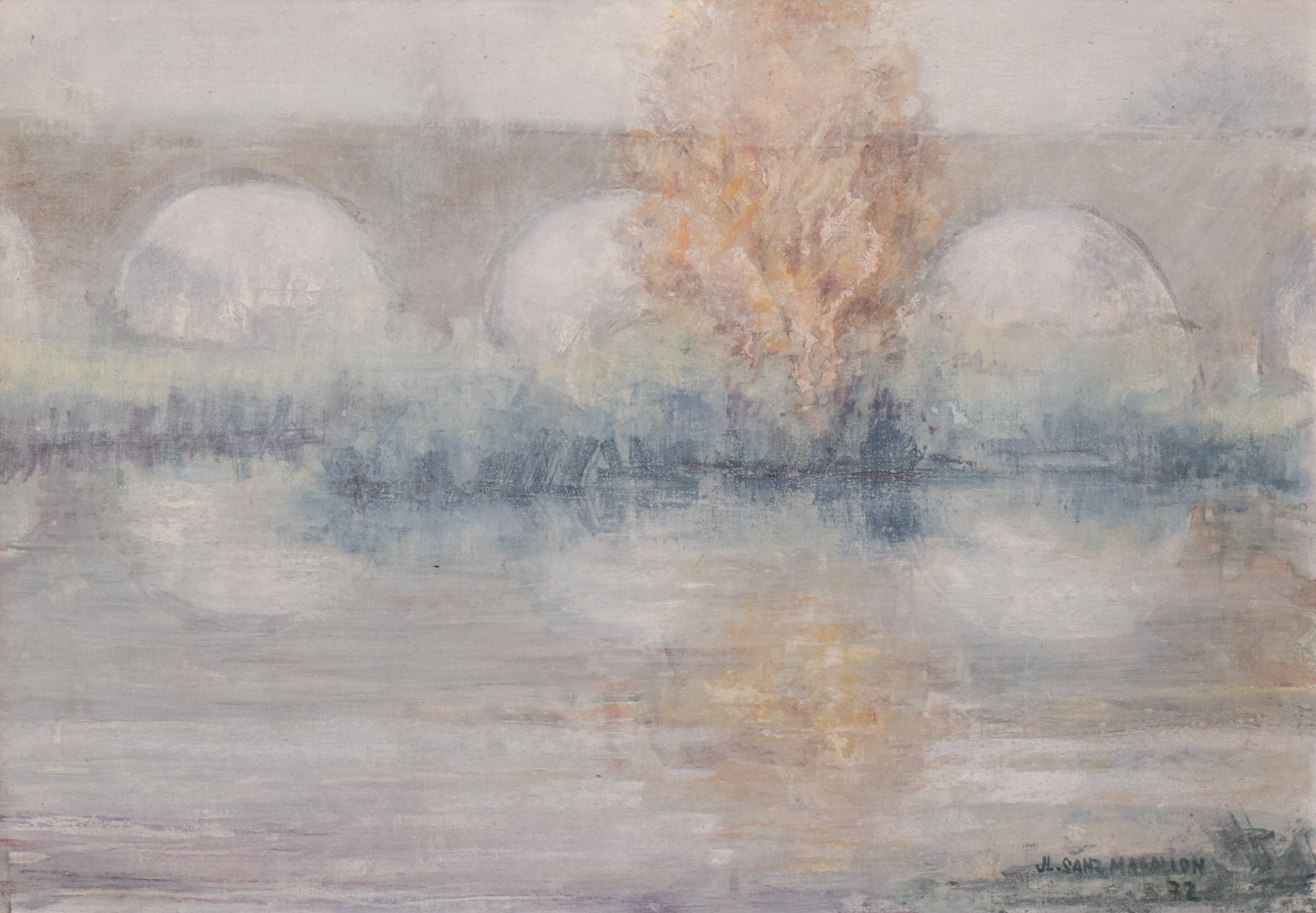 A painting of a bridge over a body of water.