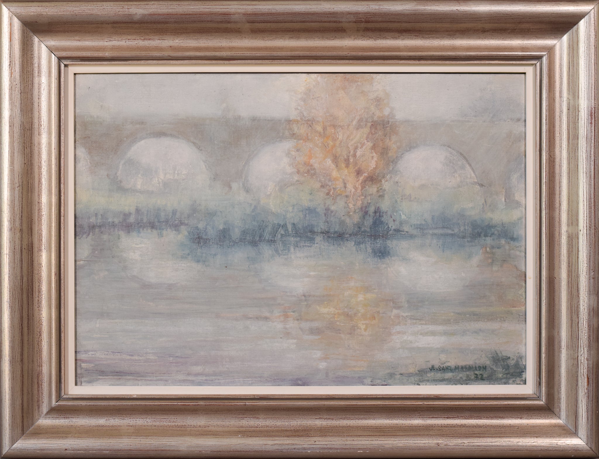 A painting of a bridge over a body of water.