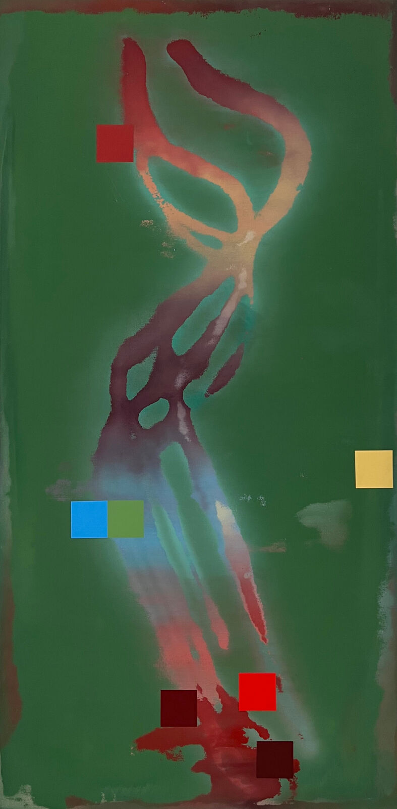 A painting of a green background with red, blue, and yellow squares.