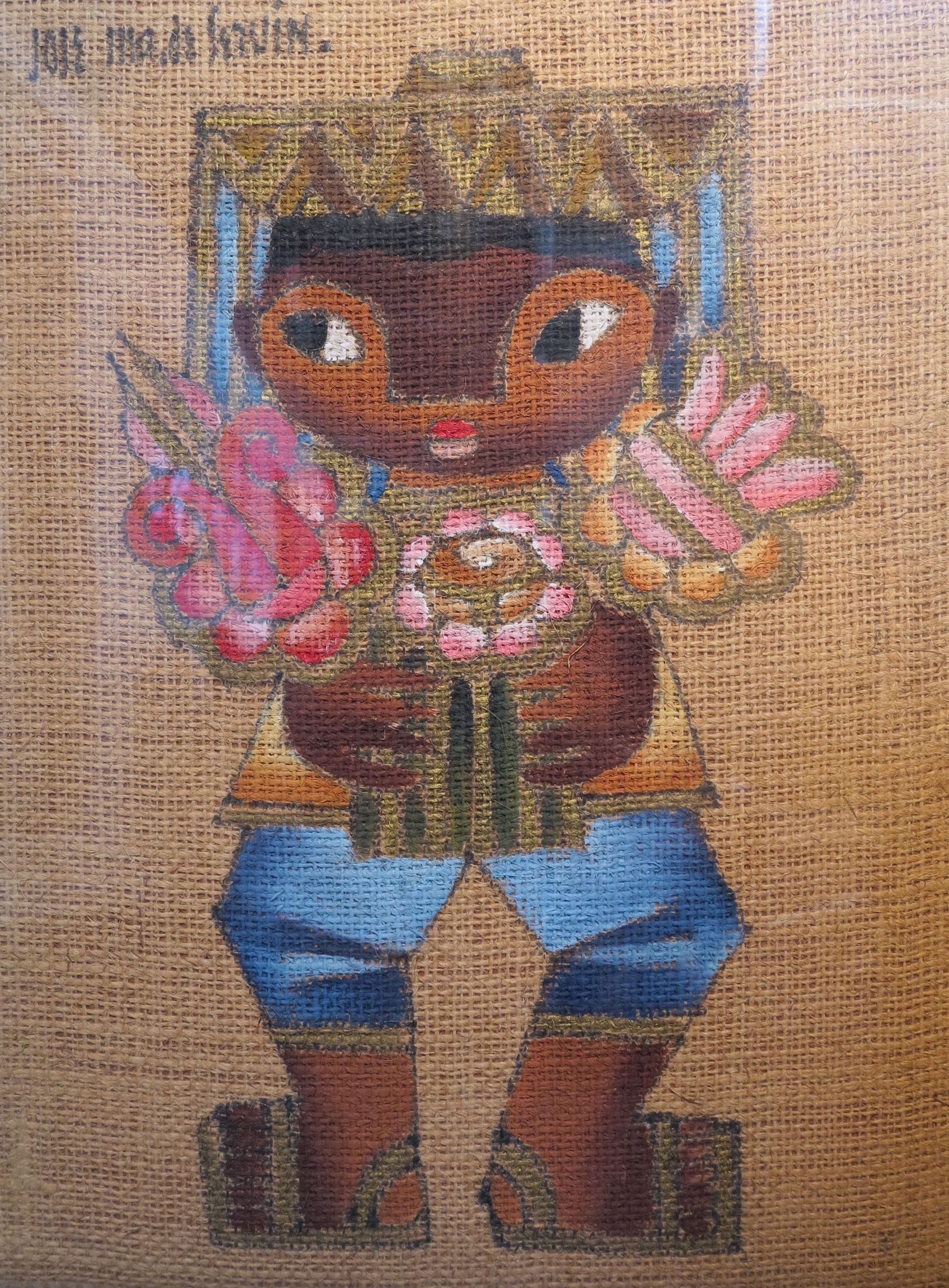 A painting of a little boy holding a bunch of flowers.