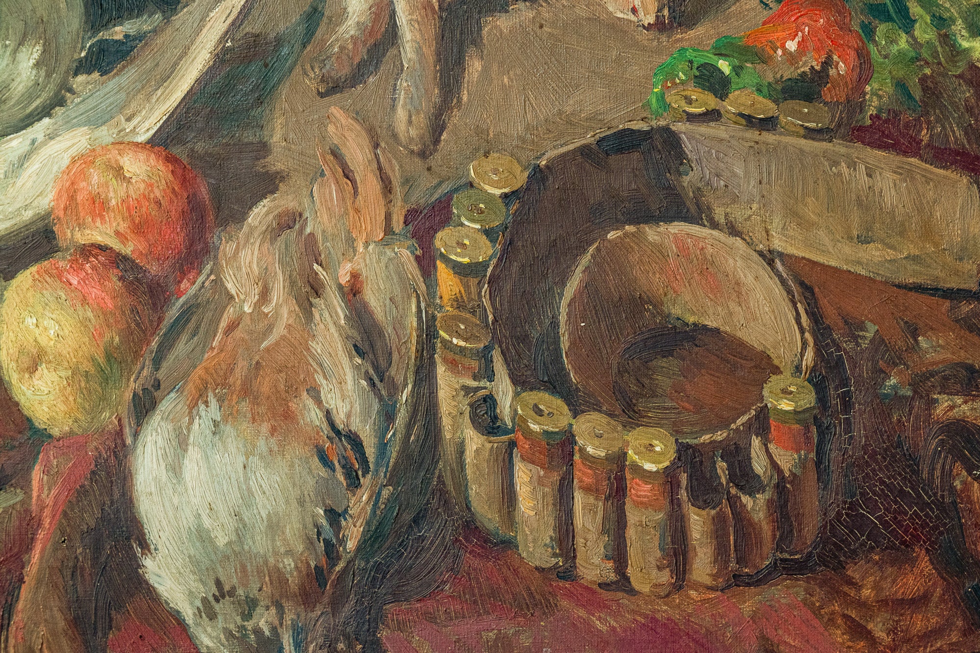 A painting of a table with a bunch of food on it.