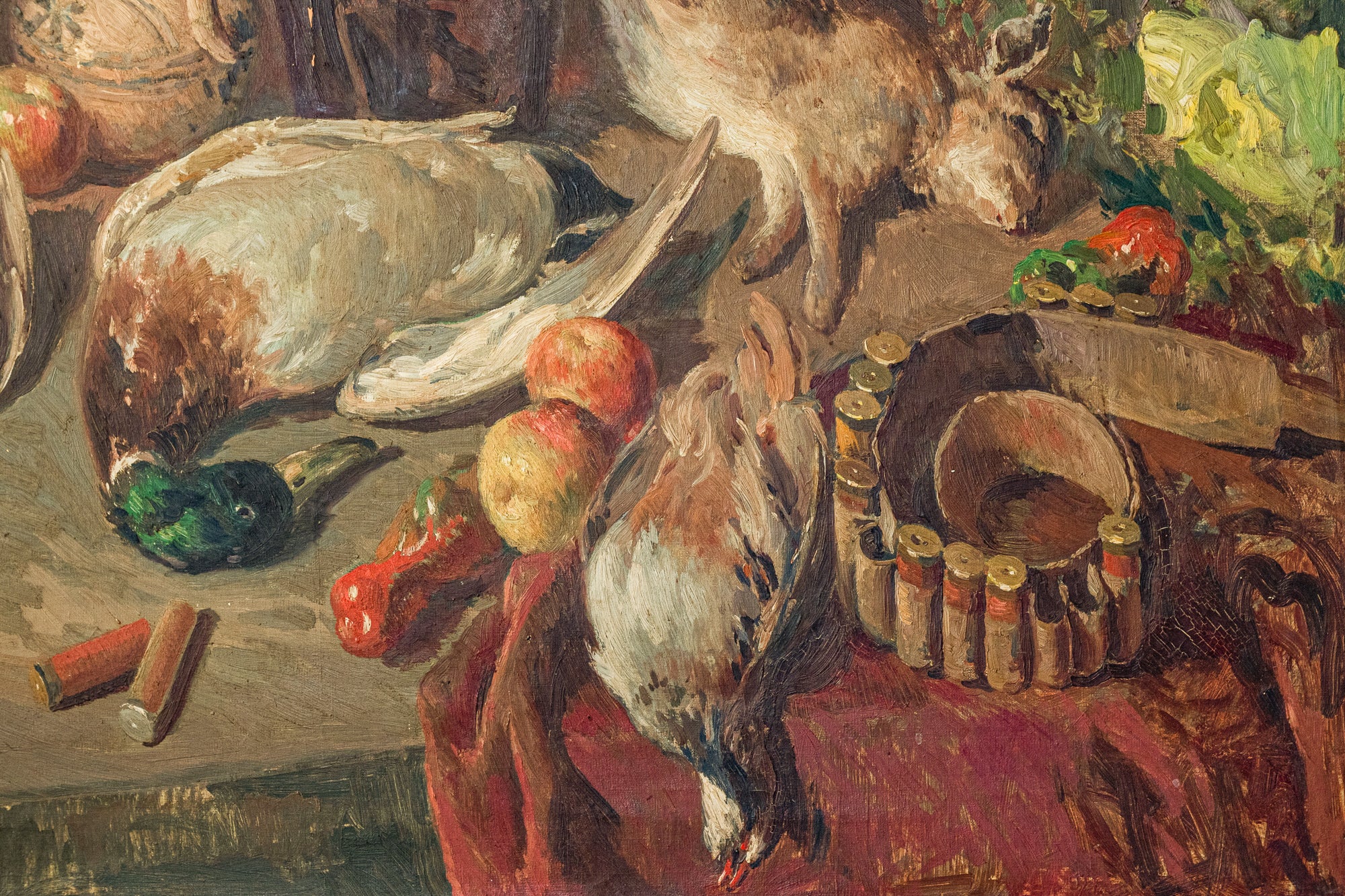 A painting of a table with a bunch of food on it.