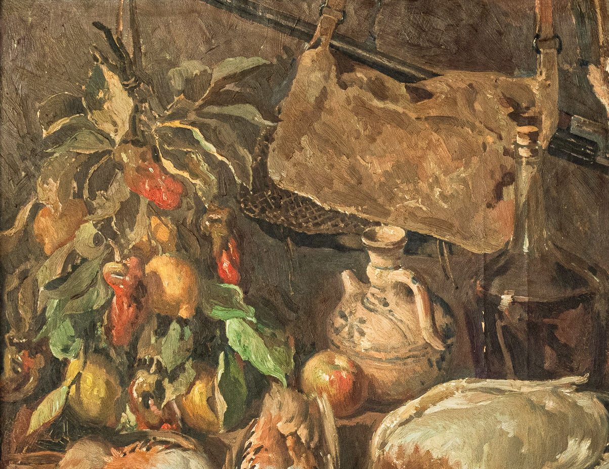 A painting of a table with a bunch of food on it.
