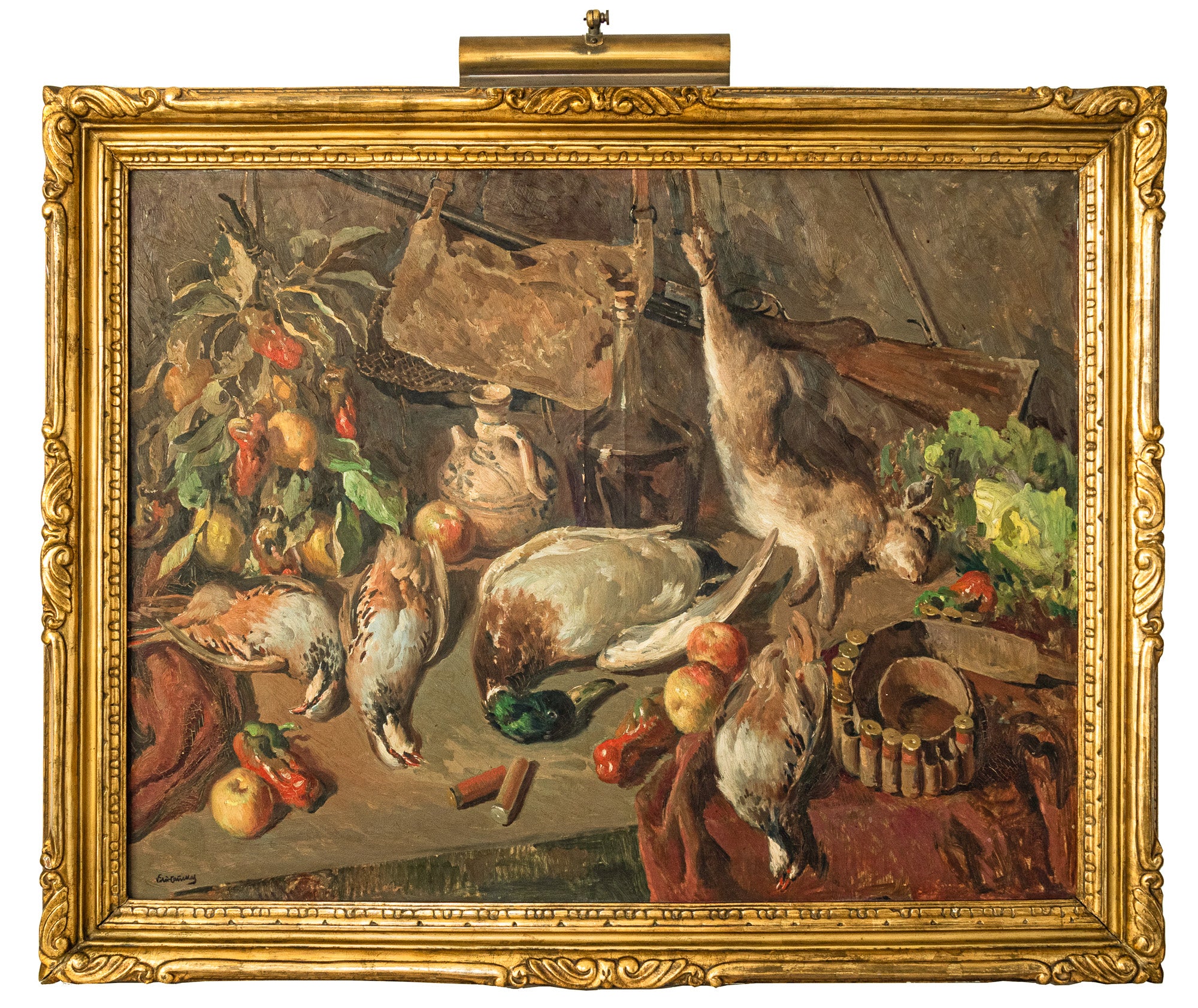 A painting of a table with a bunch of food on it.