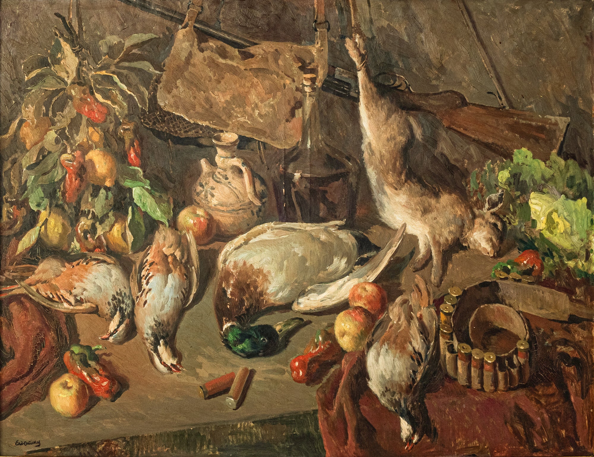 A painting of a table with a bunch of food on it.
