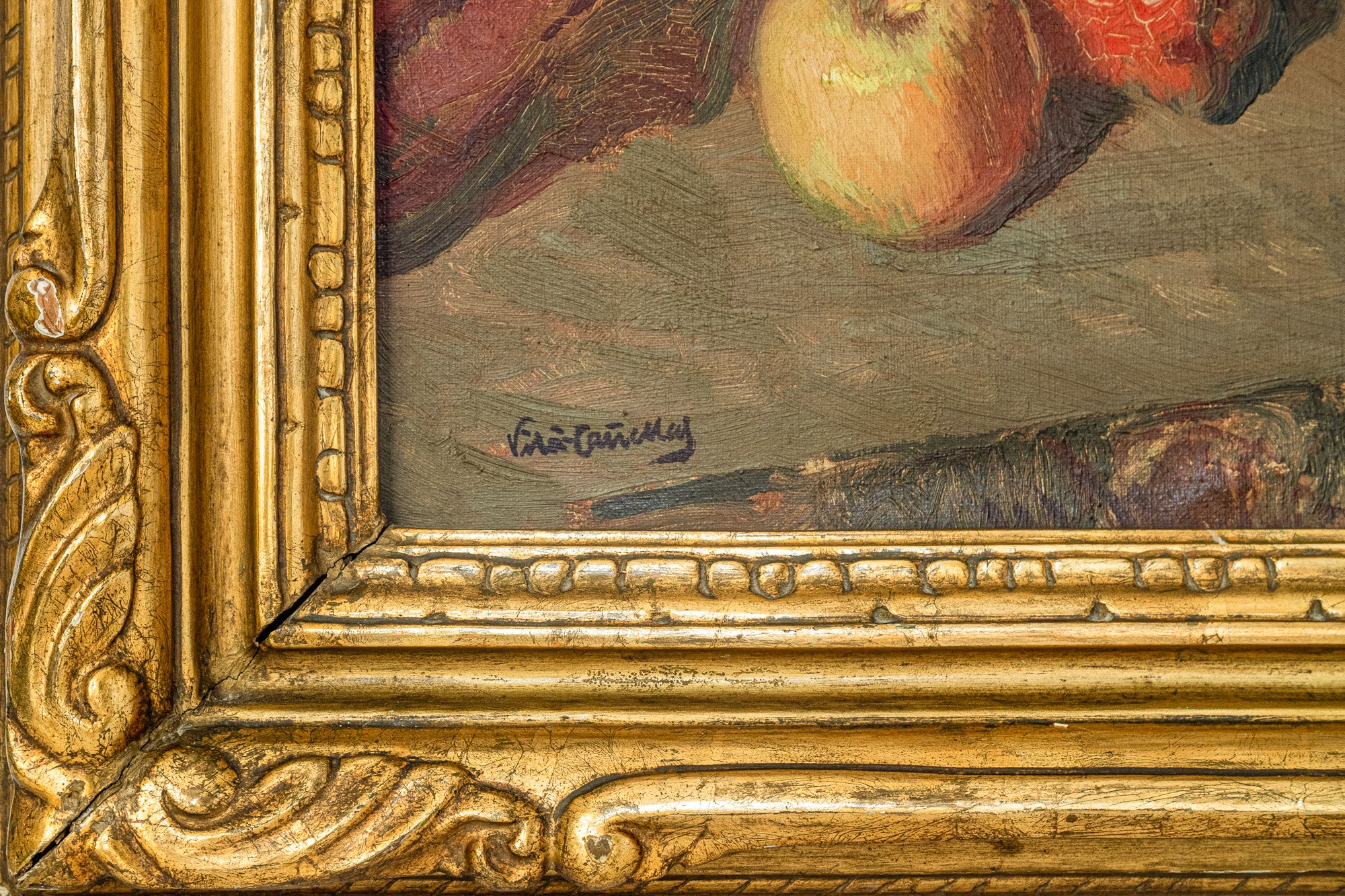 A painting of a table with a bunch of food on it.