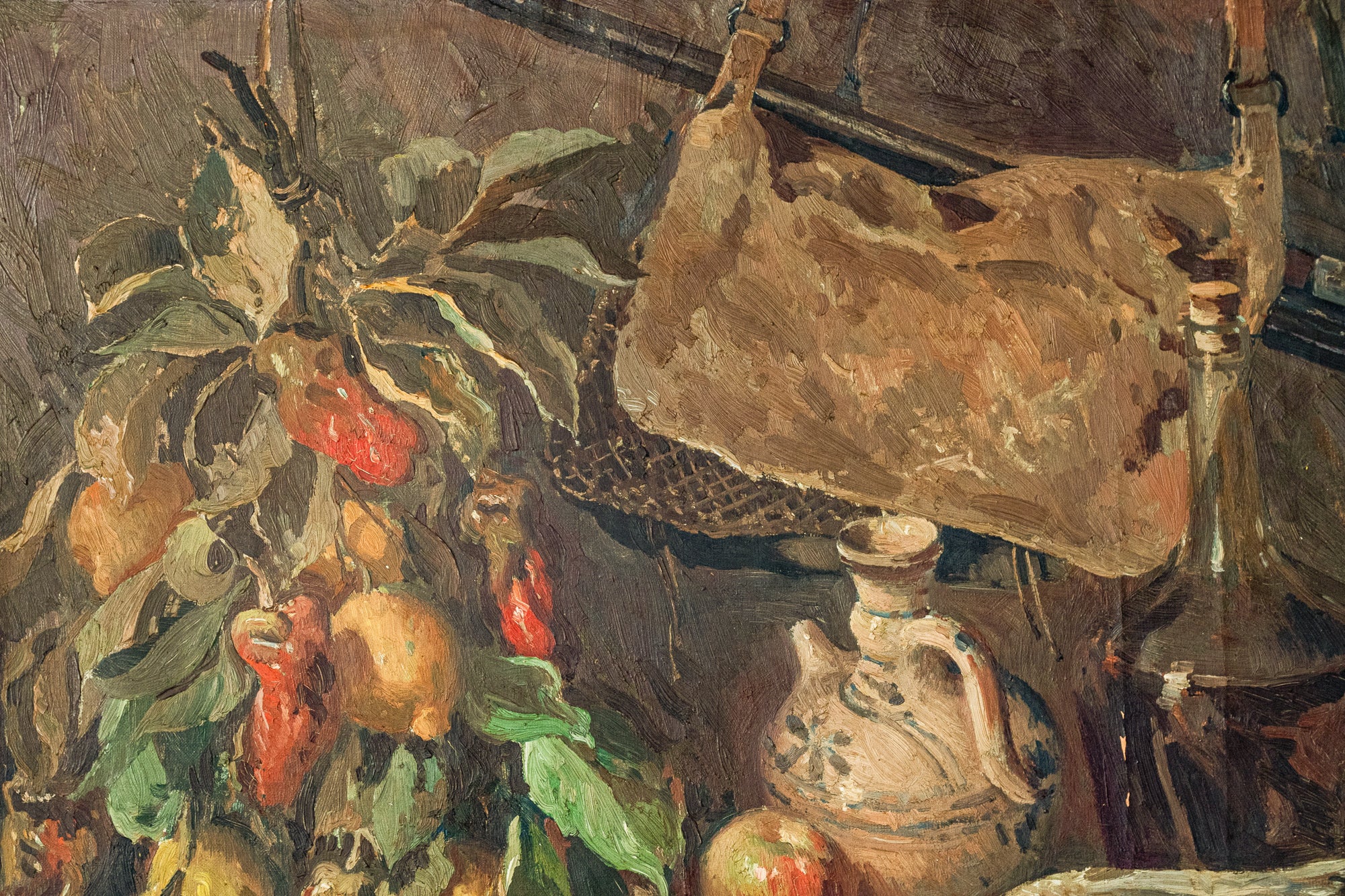 A painting of a table with a bunch of food on it.