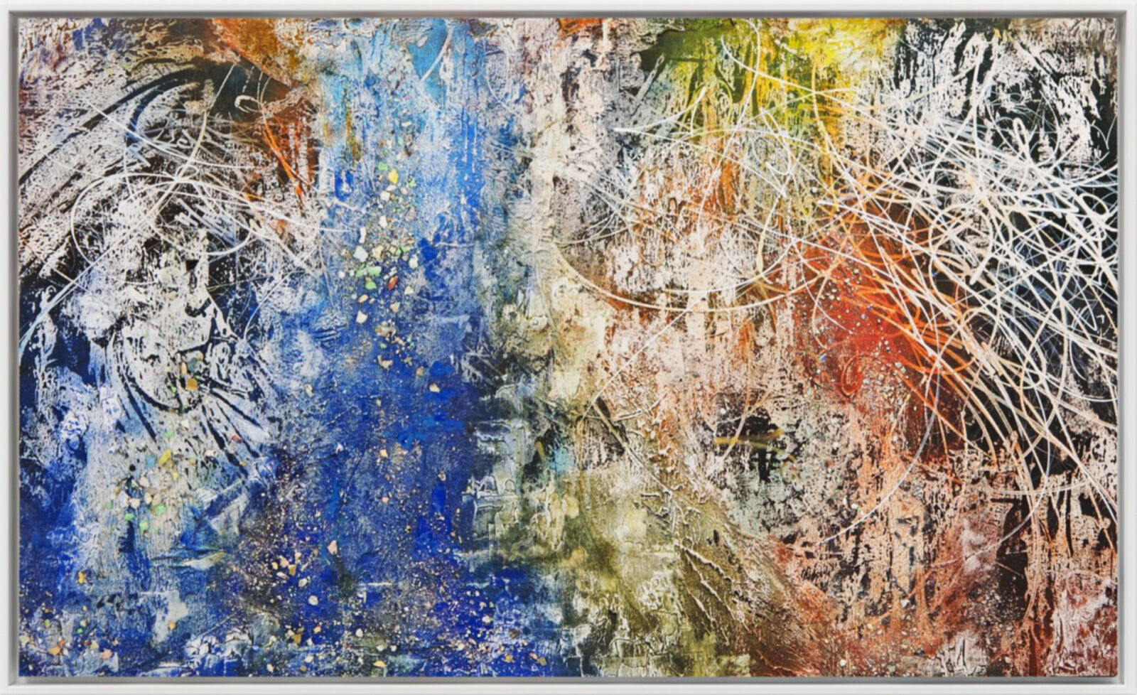 A large abstract painting on a white wall.