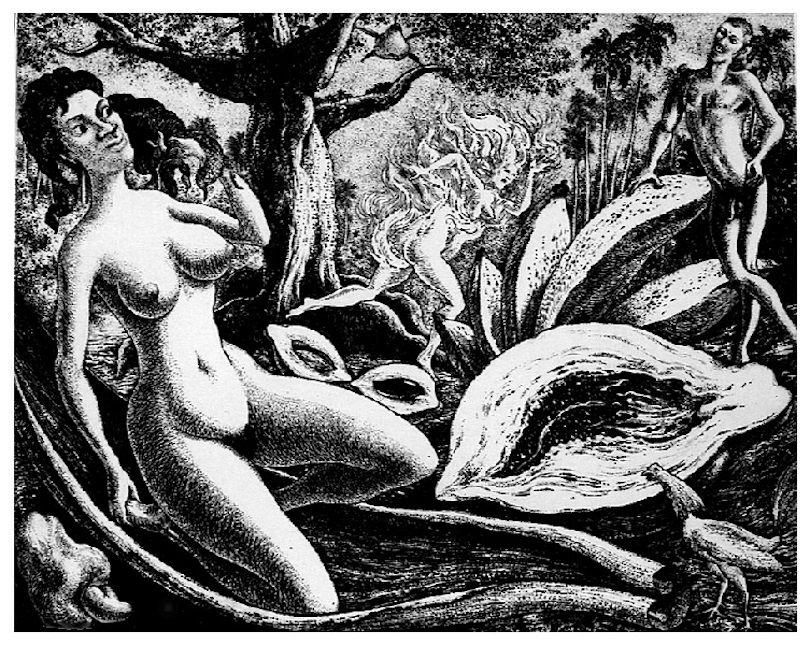 A black and white illustration of a nude woman sitting on a rock in the woods.
