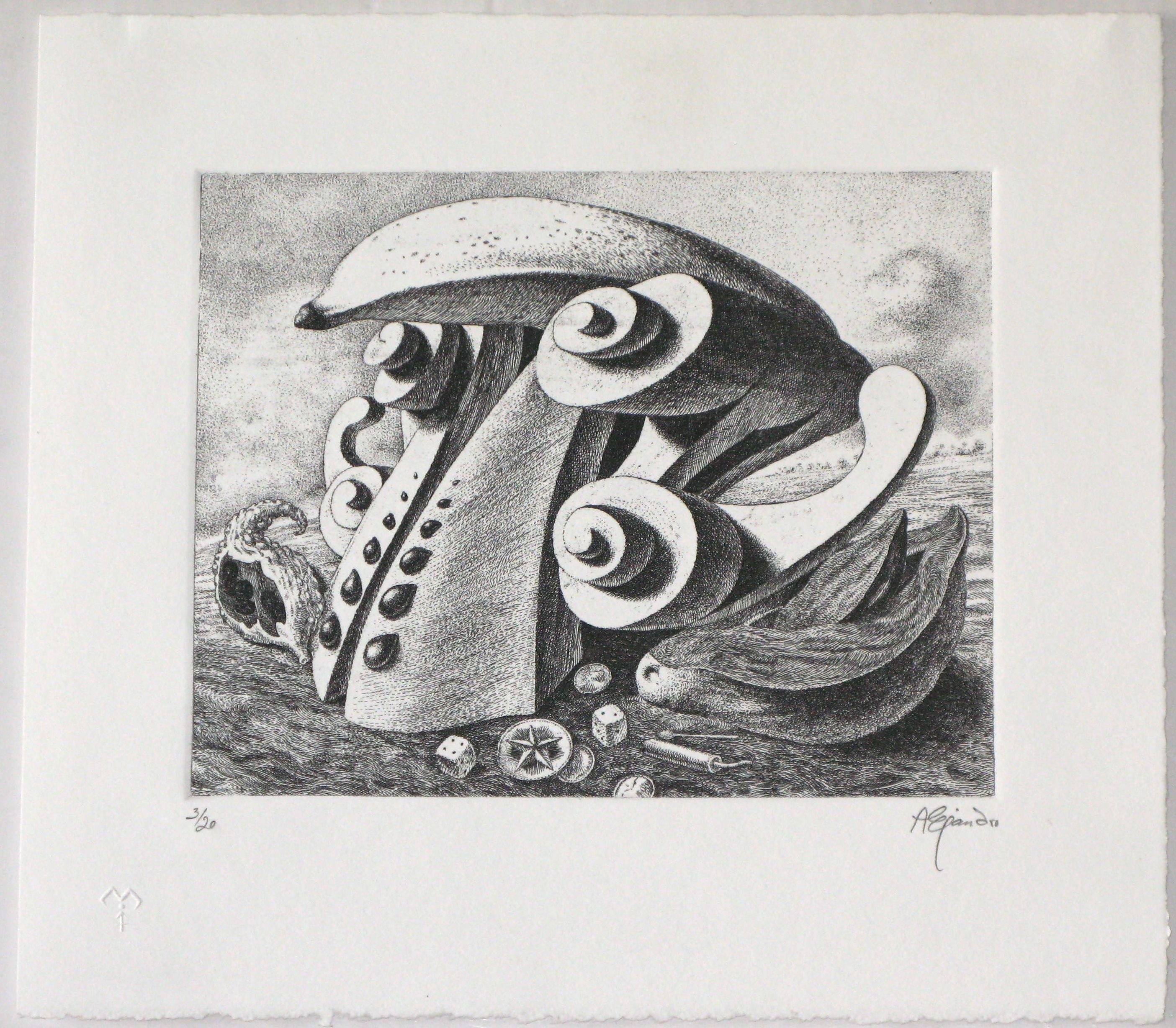 A black and white drawing of a mushroom on a table.