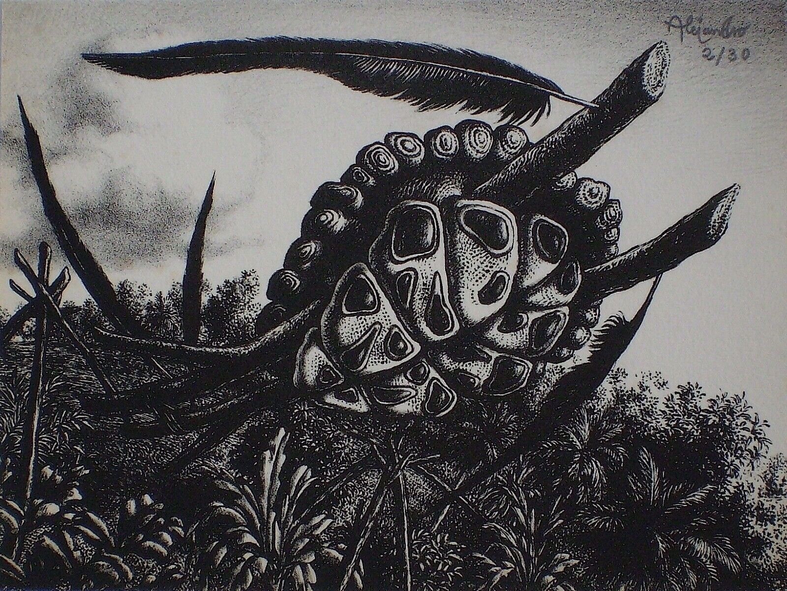A black and white drawing of an octopus with a feather on its head.