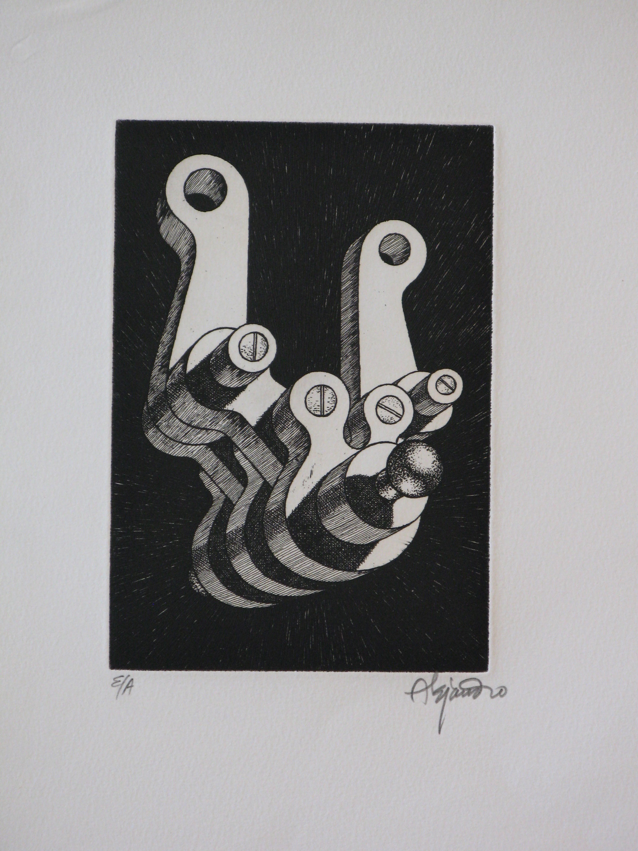 A black and white drawing of a cross made out of bolts.