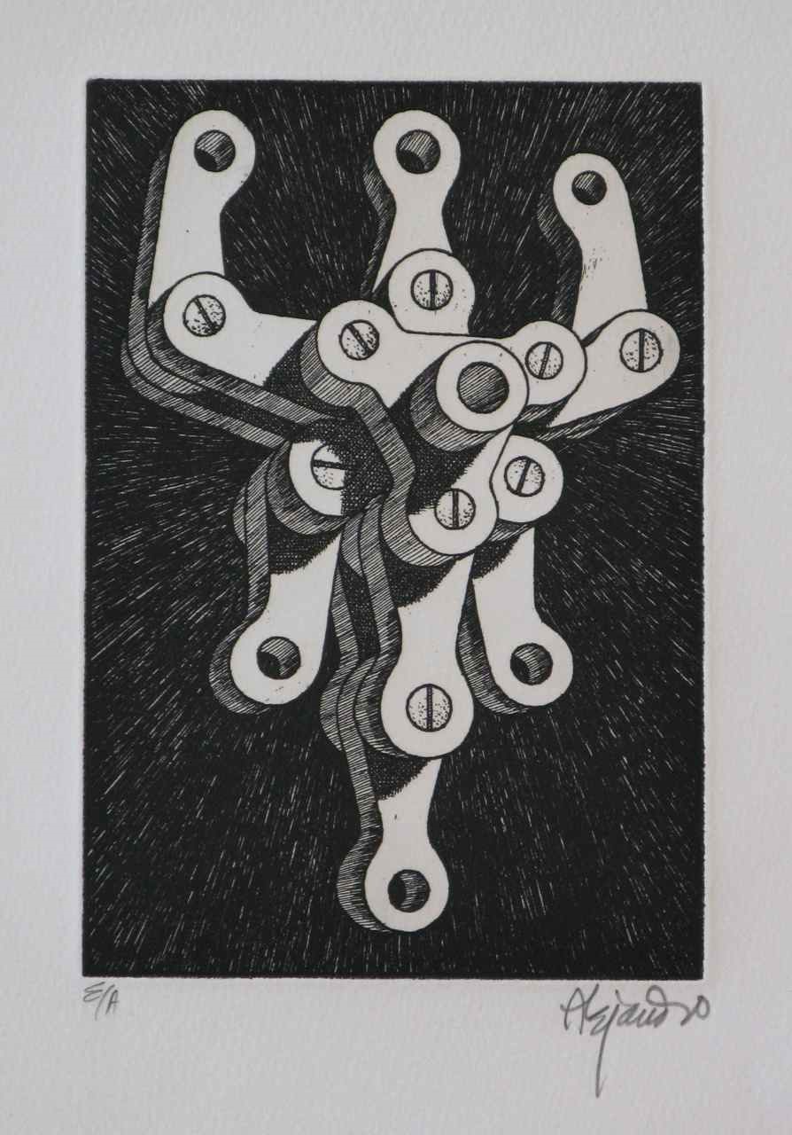 A black and white drawing of a cross made out of bolts.