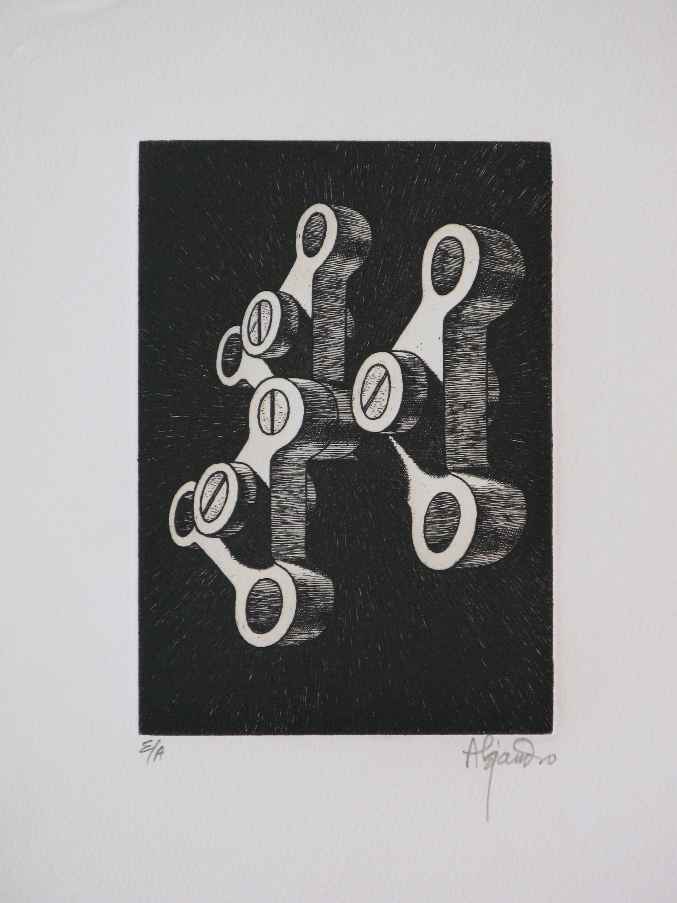 A black and white drawing of a cross made out of bolts.