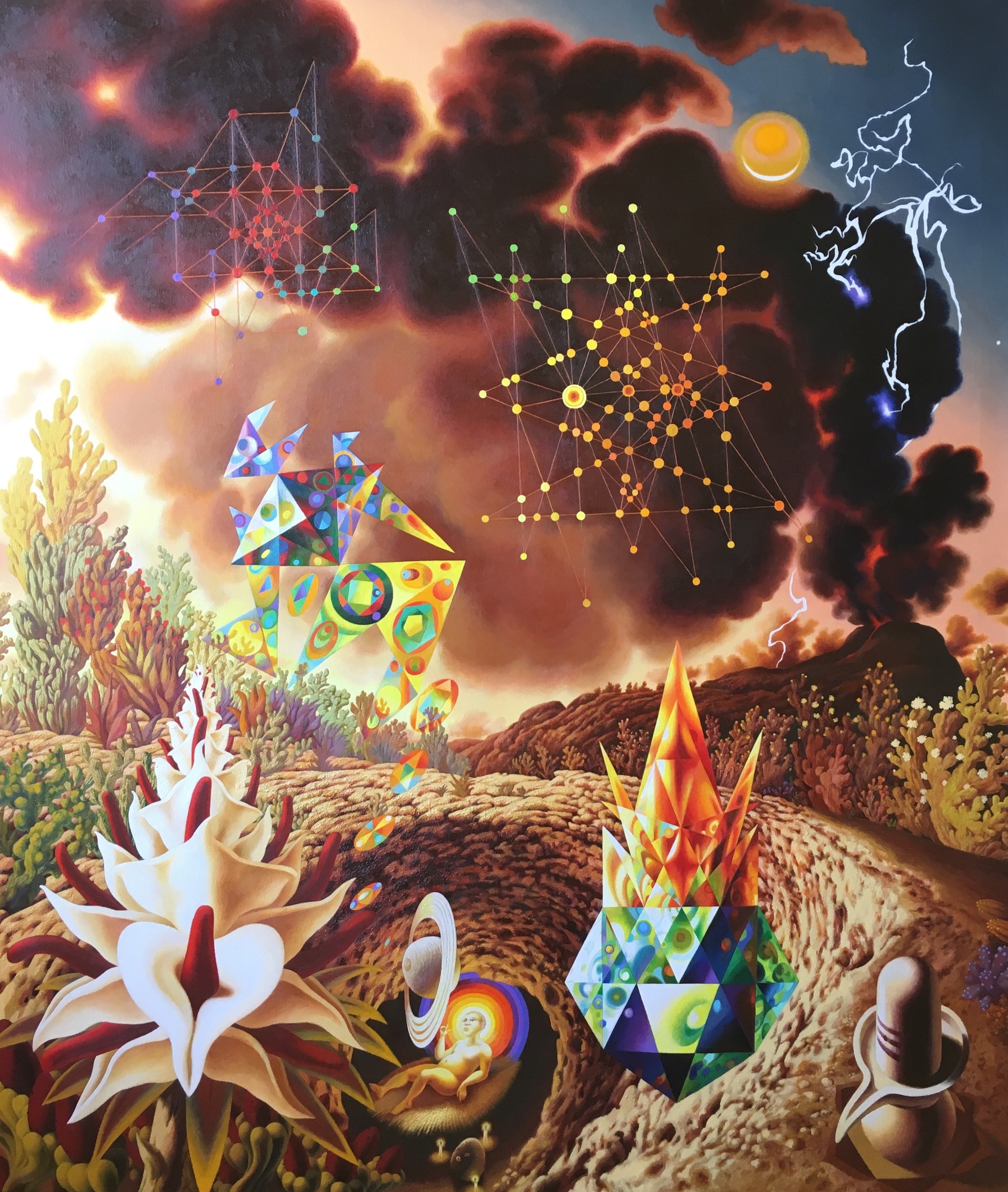 A painting of a desert landscape with a lotus flower in the foreground.