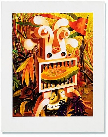 A painting of a face made out of a piece of fruit.