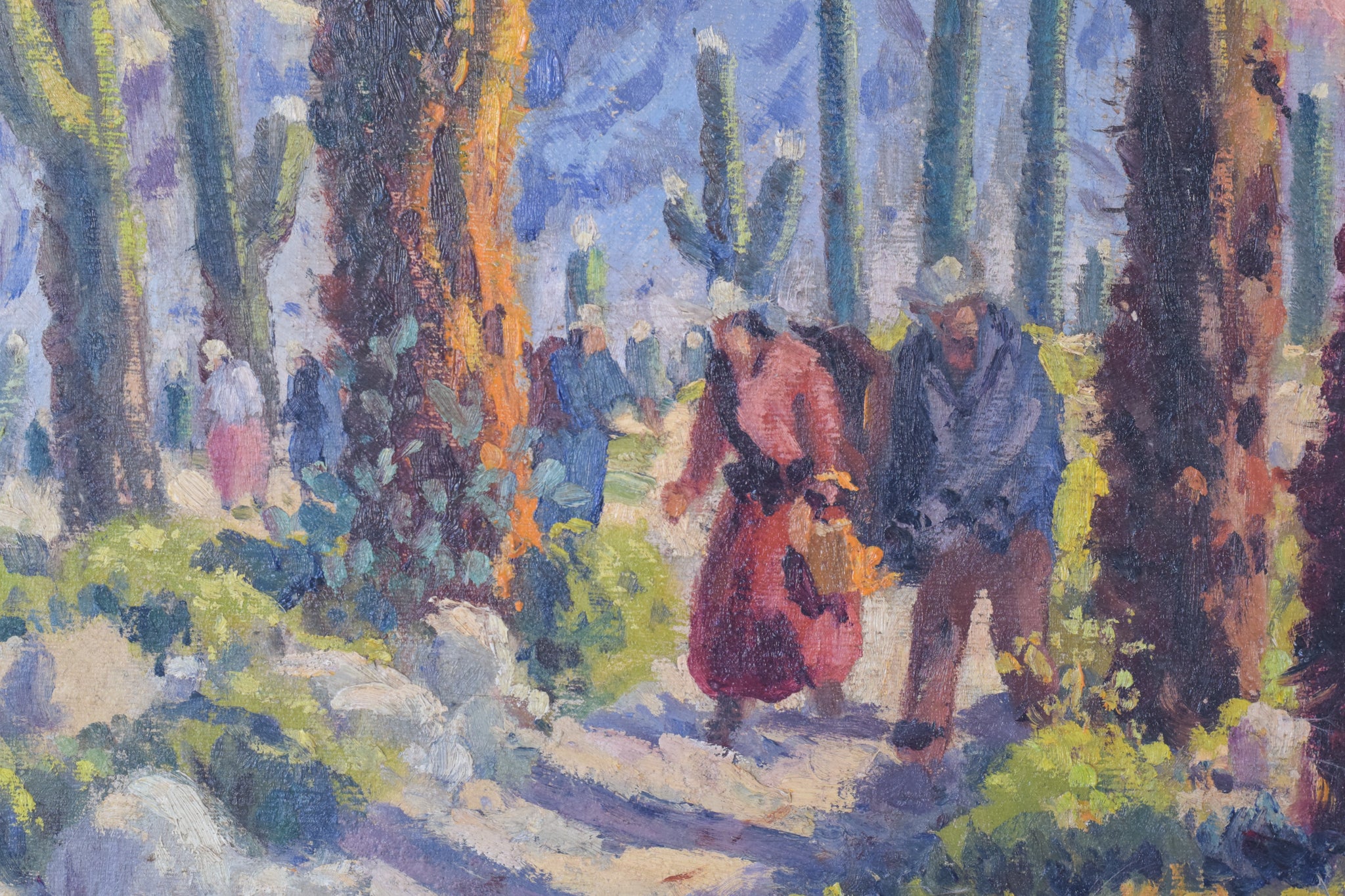 A painting of a group of people walking through a desert.